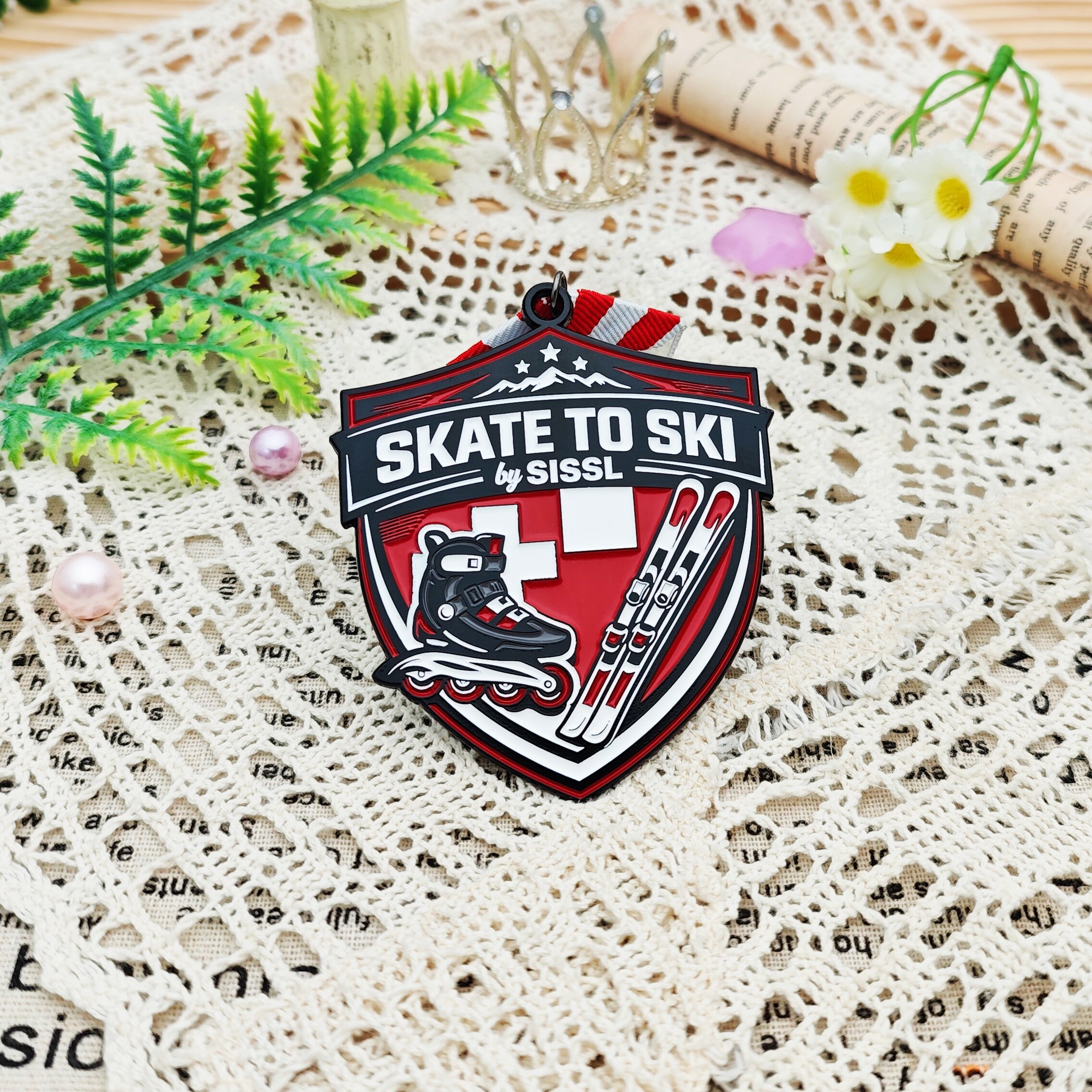 SKATE TO SKI Ski-Themed Black Powder-Coated Shield Medal
