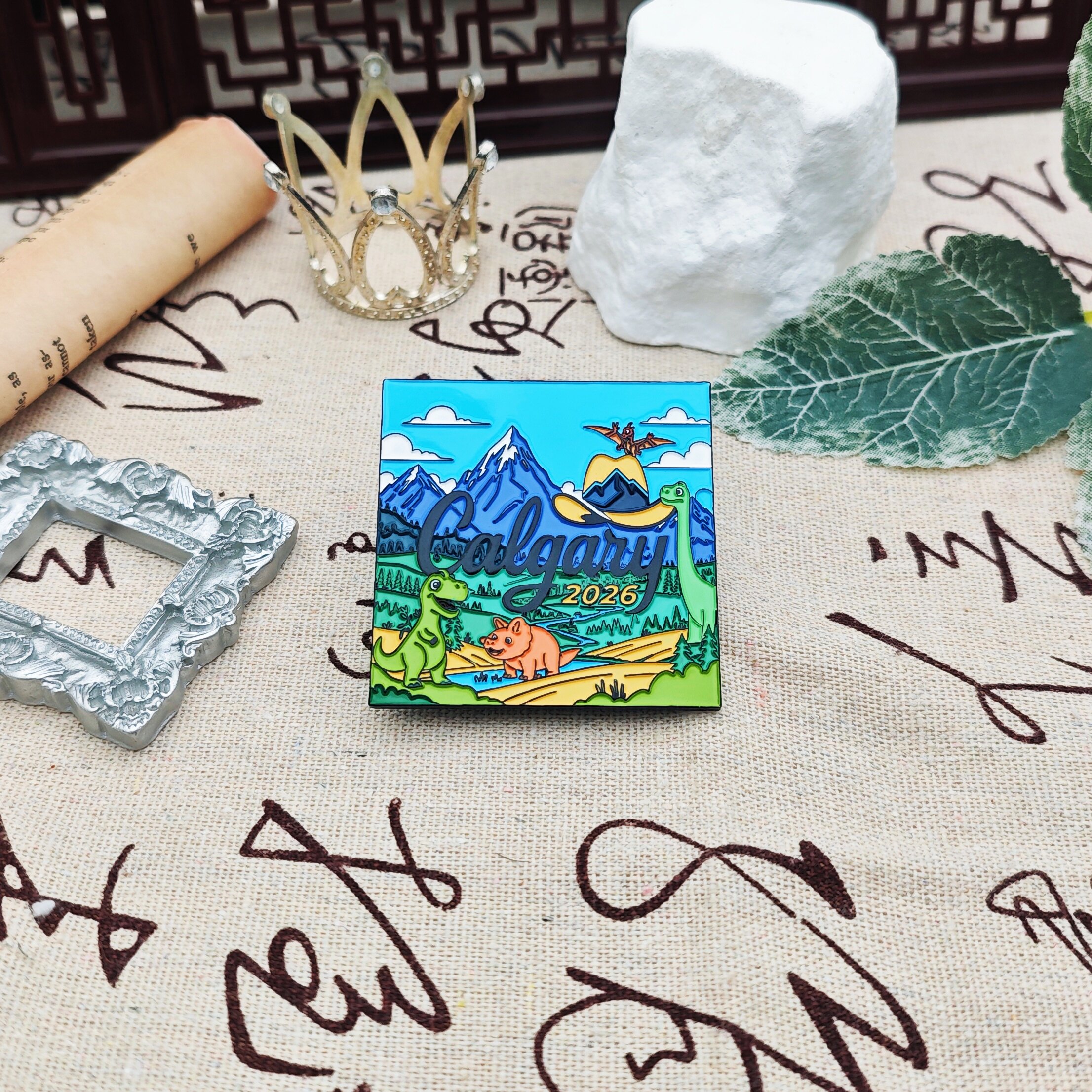 Calgary, Canada Dinosaur Scenery Square Enamel Pin