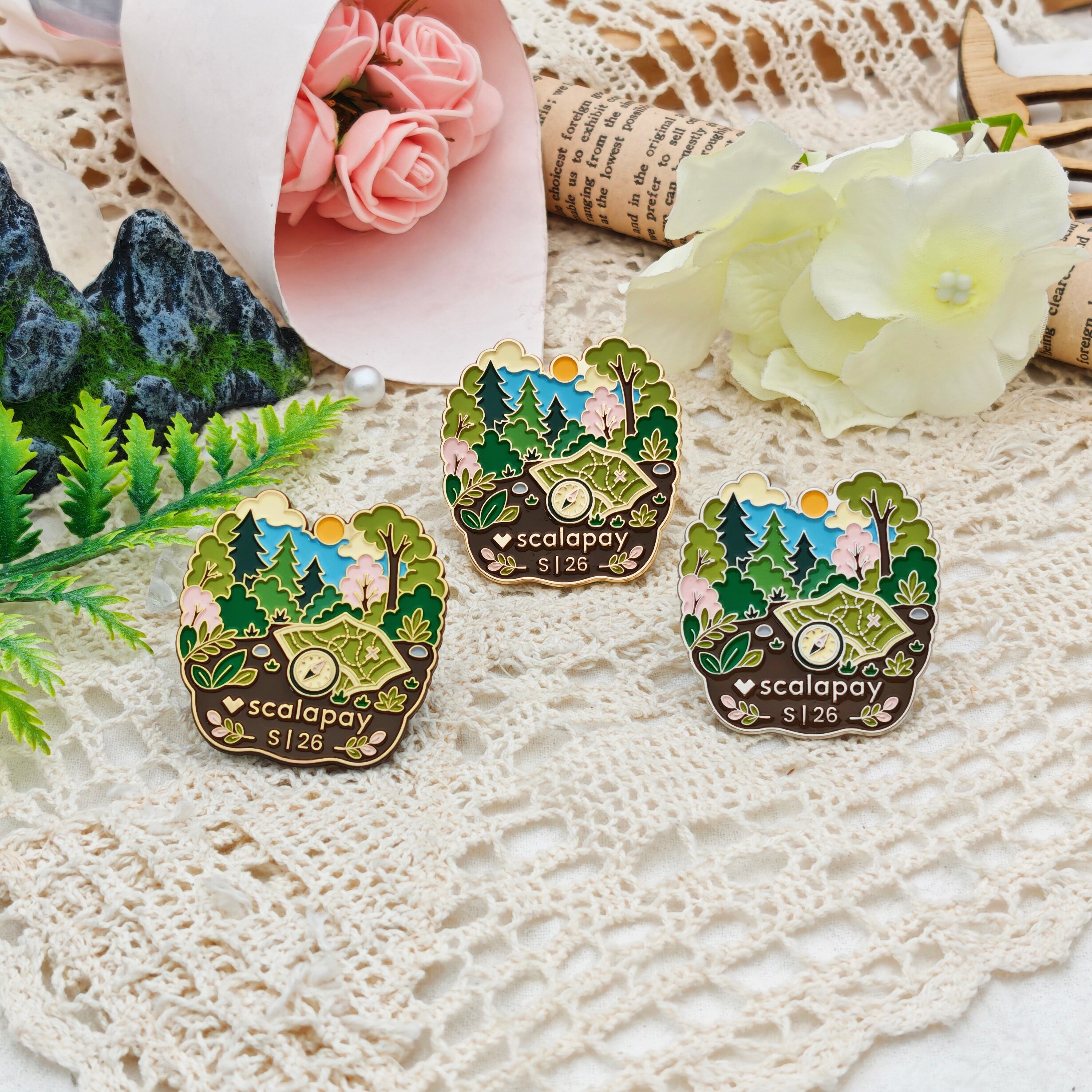 Forest Map Compass Custom-Shaped Enamel Metal Badge