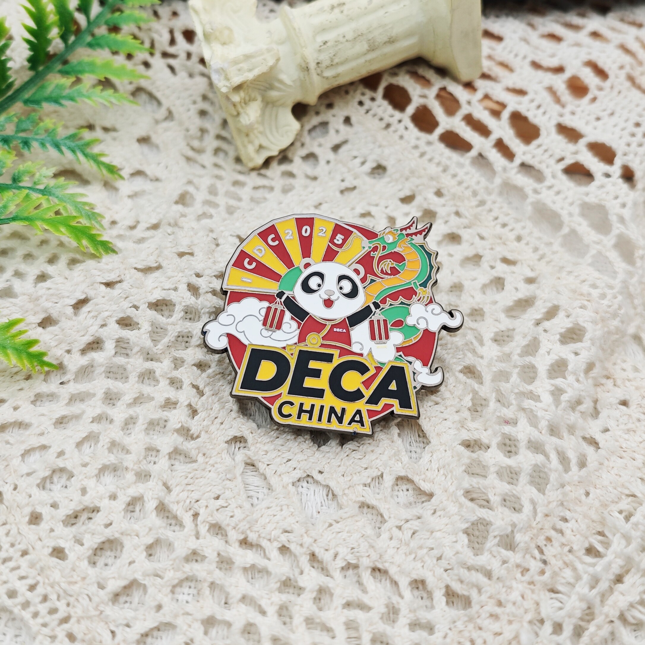 DECA China Panda Dragon Themed Black Nickel Enamel-Style Irregular Badge
