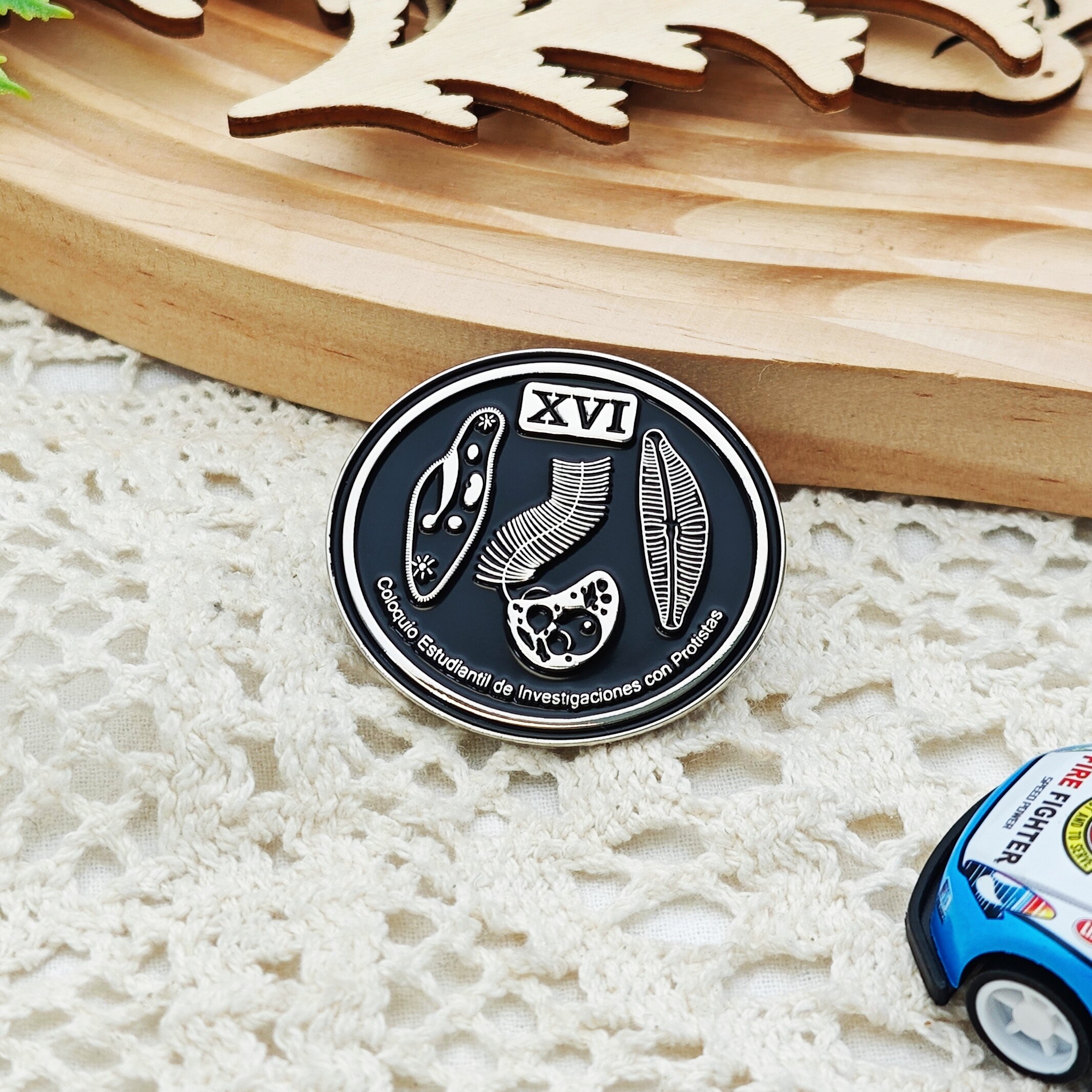 XVI Microorganism Paramecium Bright Silver Enamel Oval Badge