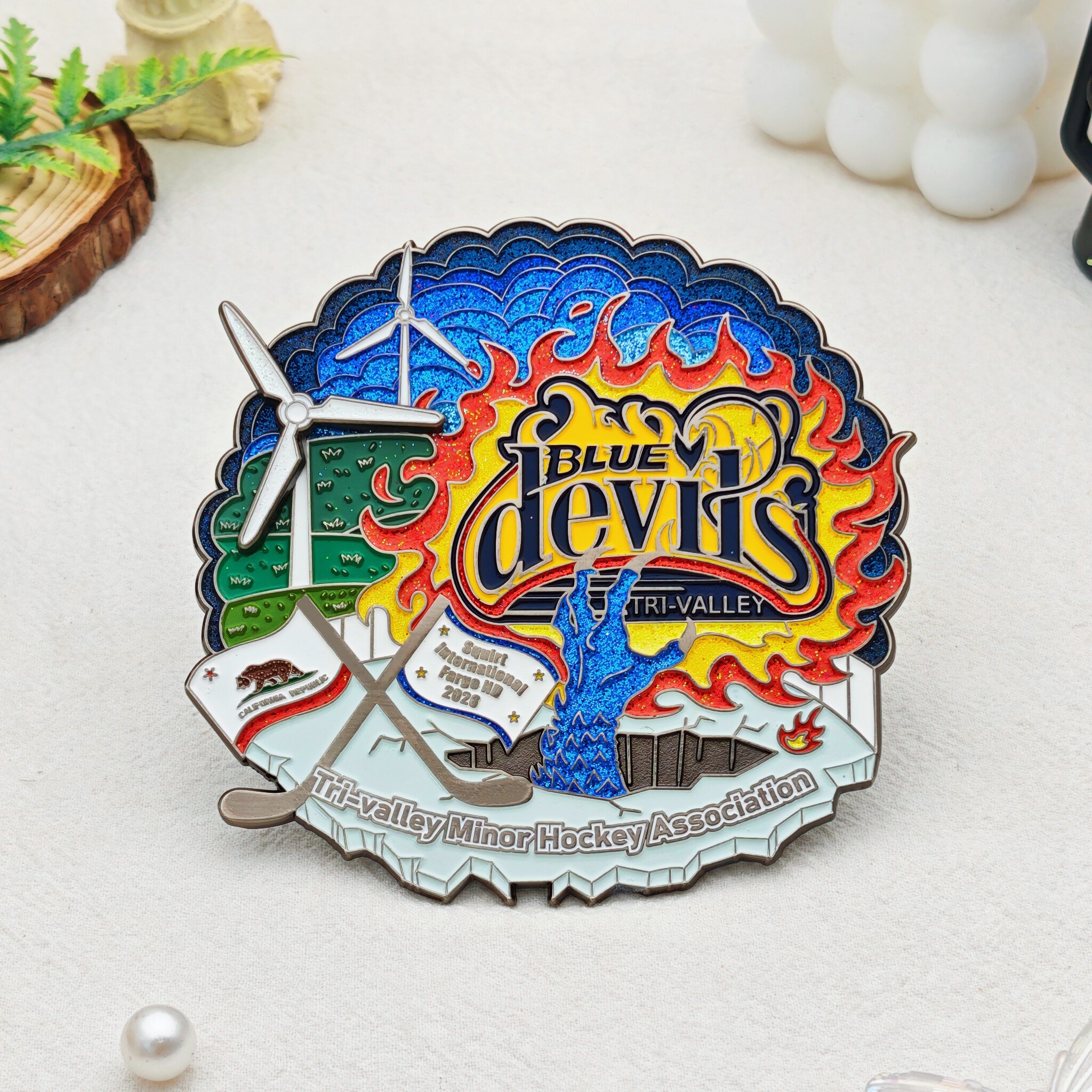 Tri-Valley Hockey Team Glitter Pivot Antique Nickel Die-Cut Badge
