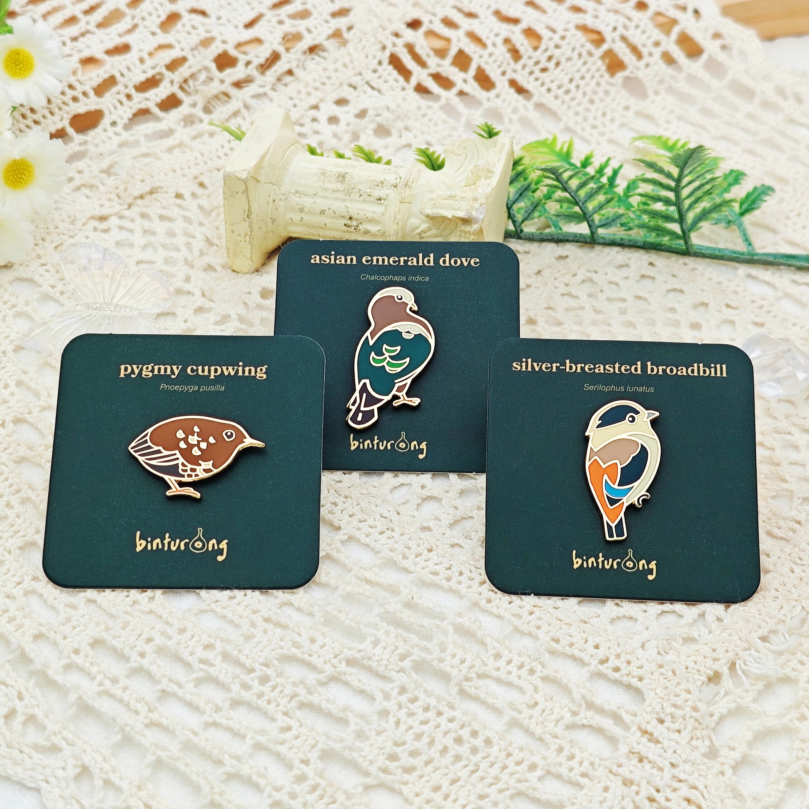 Set of 3 designs Hard enamel Pins Featuring Parrot, Sparrow, and Bird