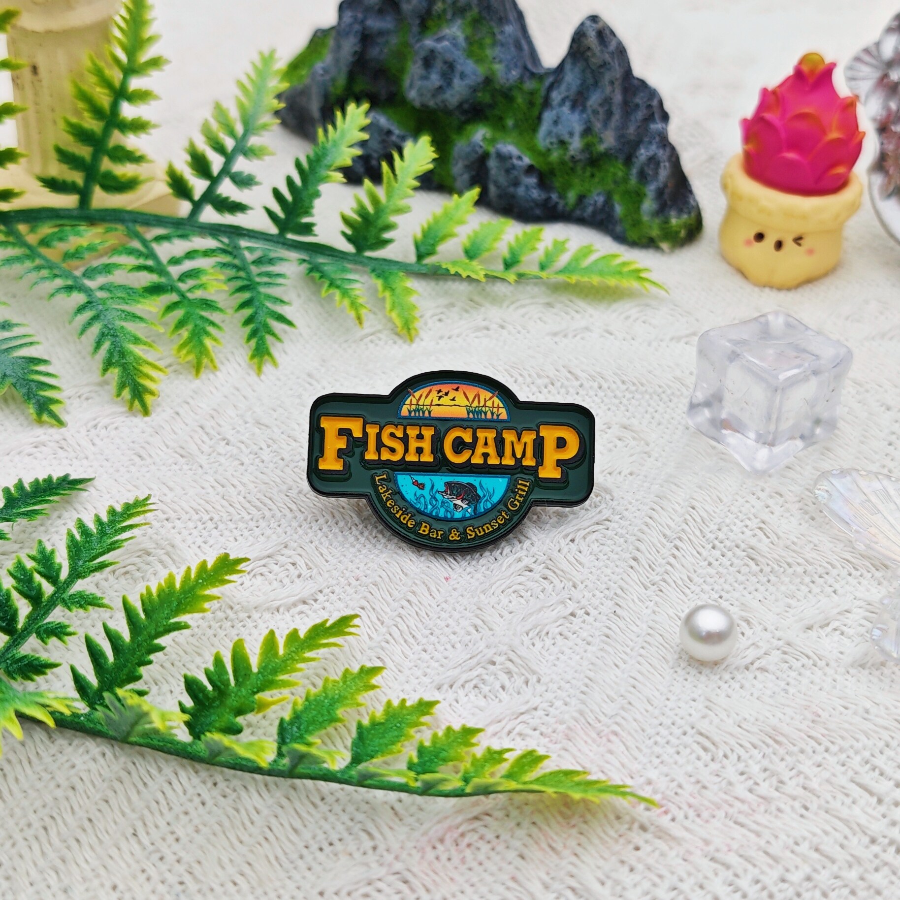FISH CAMP Lakeside Fishing Camp UV-Printed Black-Painted Custom-Shaped Pin