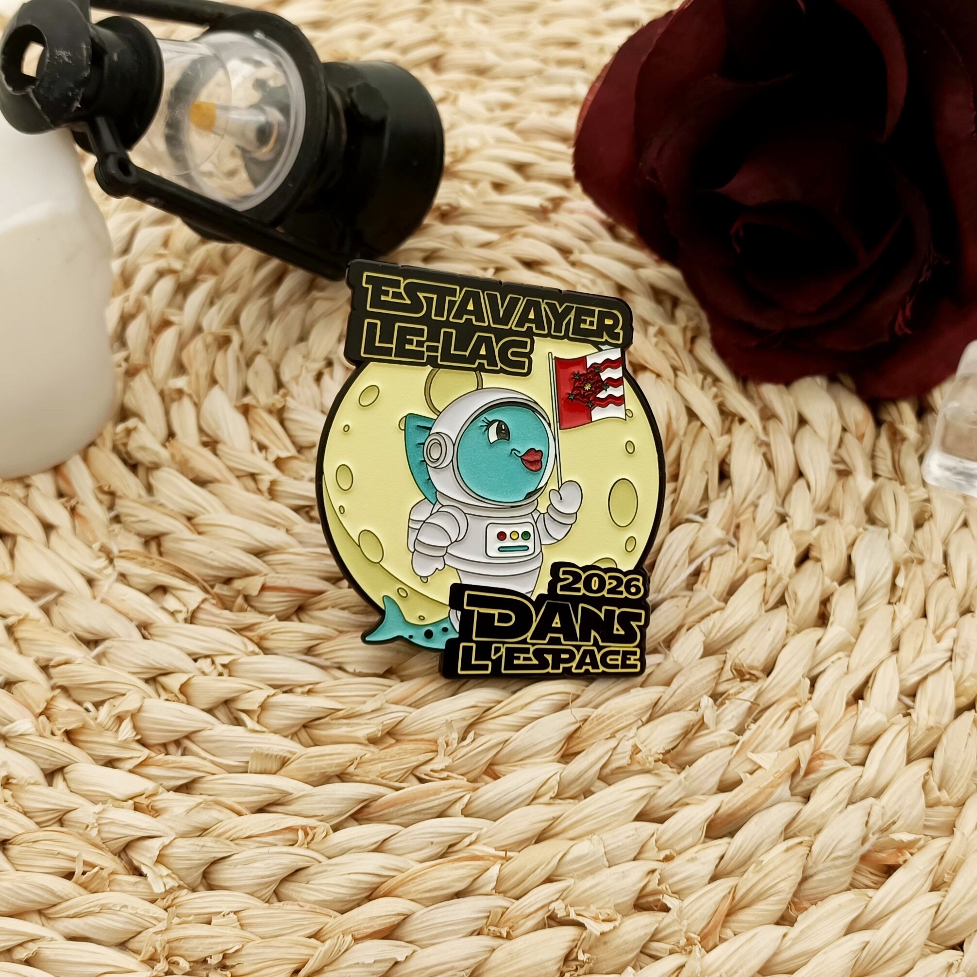 2026 Space Astronaut Blue Fish Dyed Black Enamel Custom-Shaped Commemorative Pin