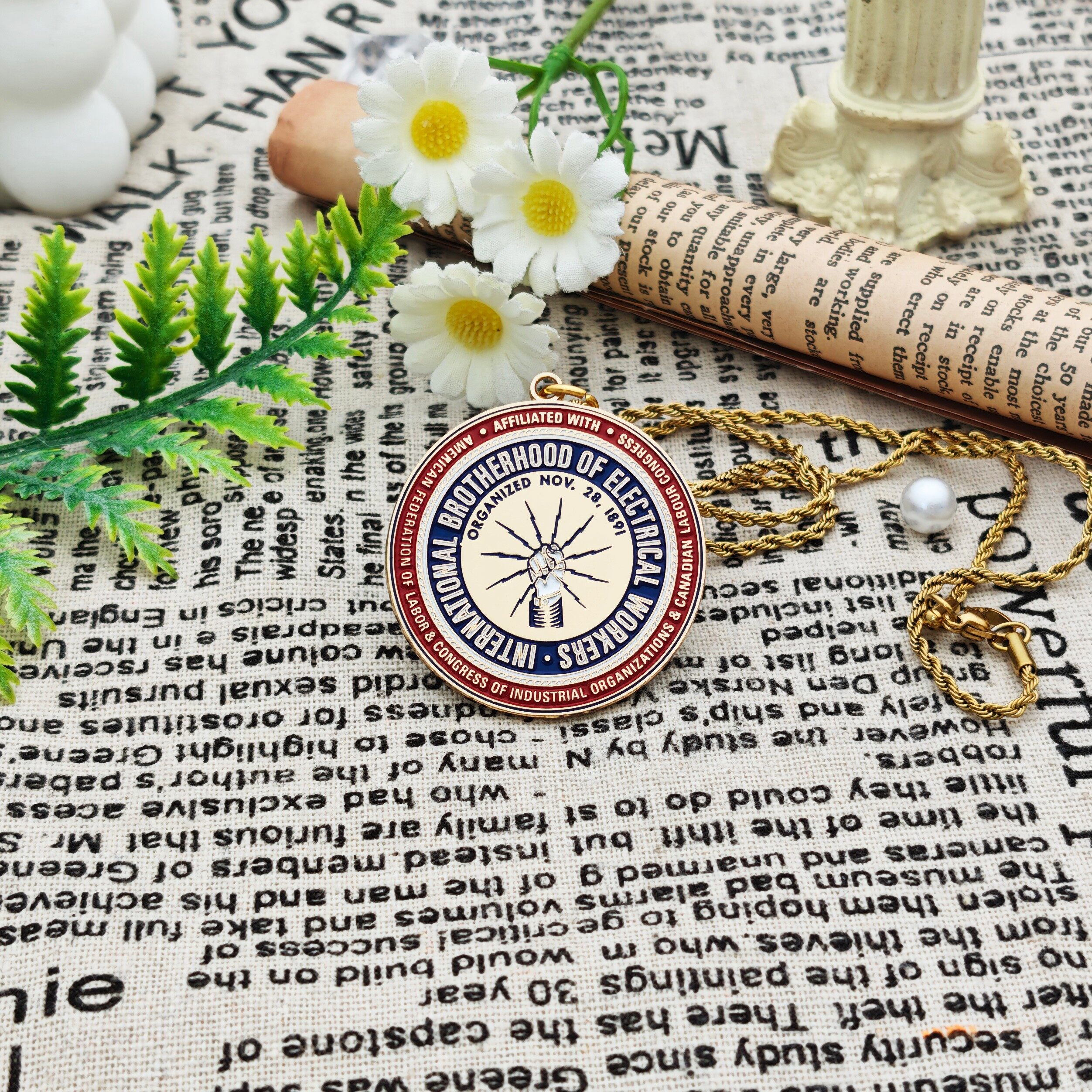 Electrician Brothers Lightning-Themed Circular Bright Gold Enamel Commemorative Necklace