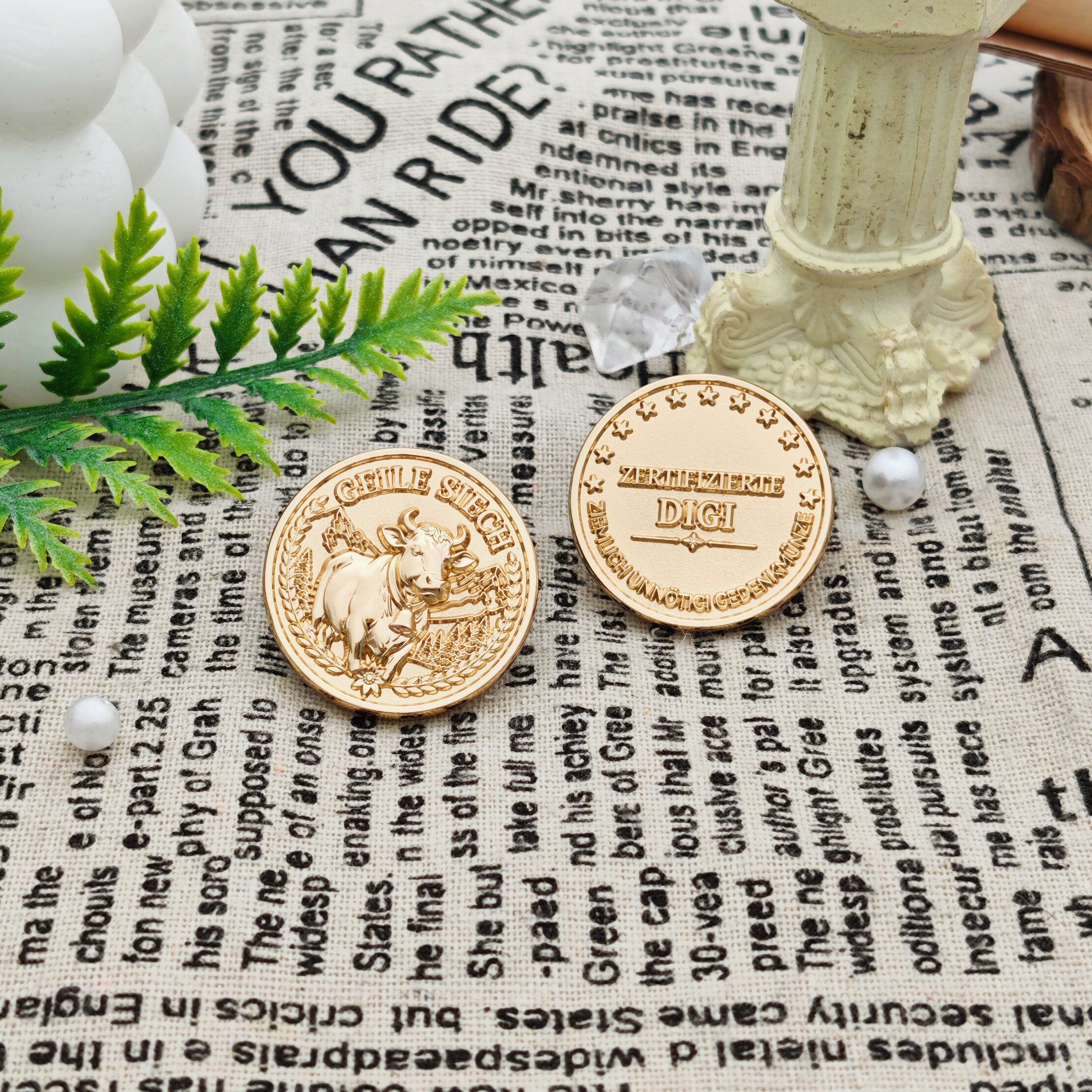 Swiss Bull, Mountain Forest, and Wheat Sheaf Double-Sided Relief Commemorative Coin in Gold Tone