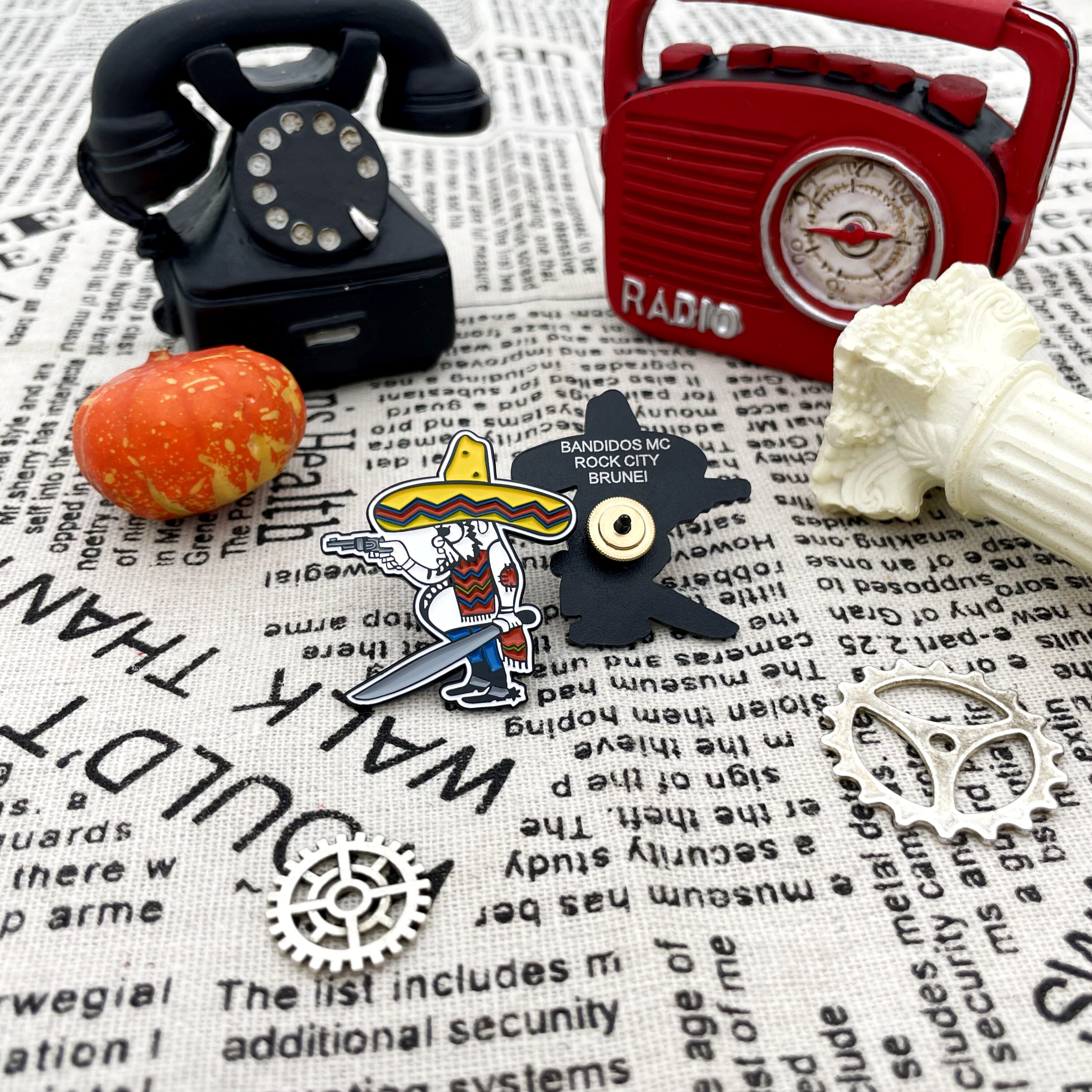 Gun, Straw Hat, Hot Dog Hat, Cowboy Cartoon Character Medal