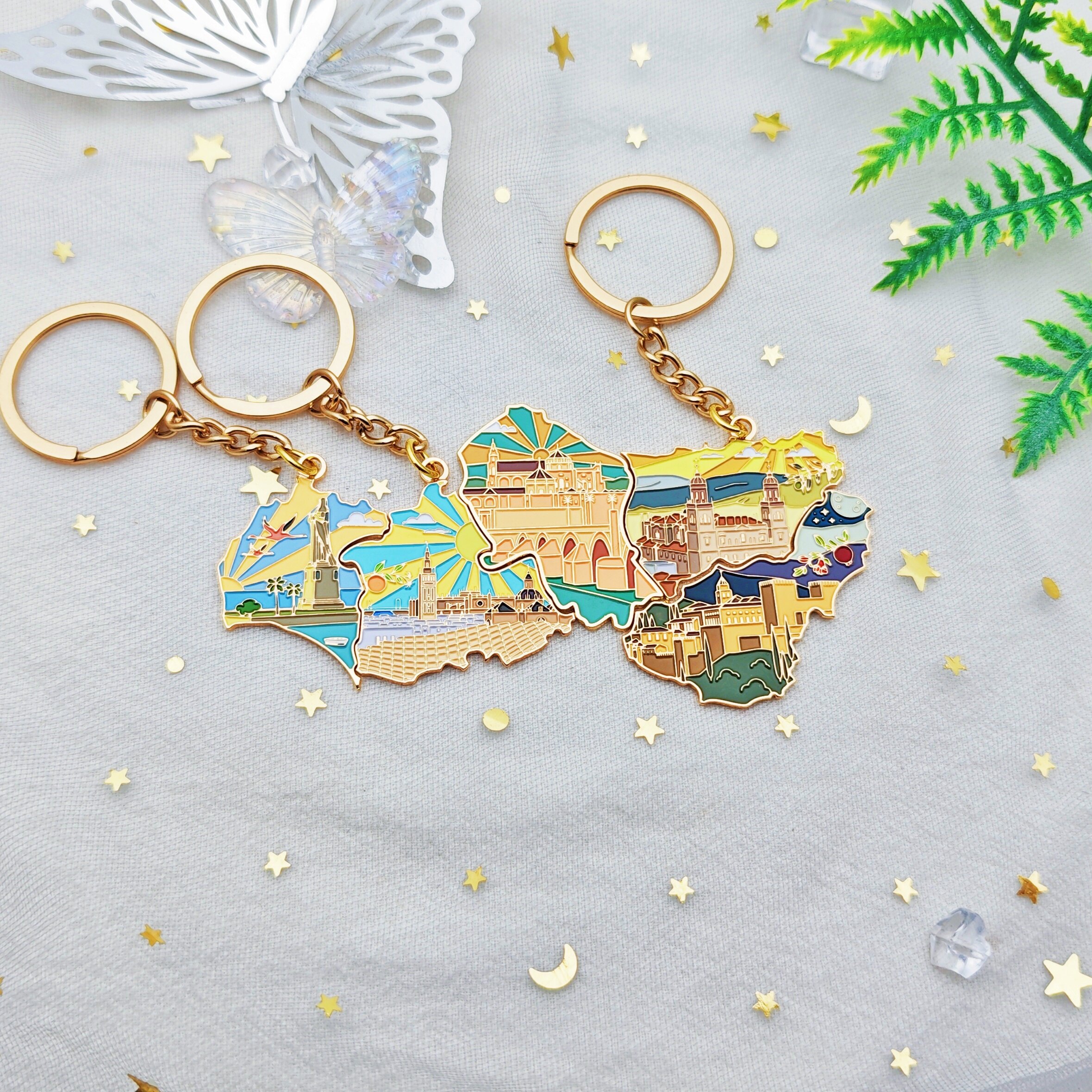 Spain Map Puzzle Landmark Chrome Gold Painted Keychain