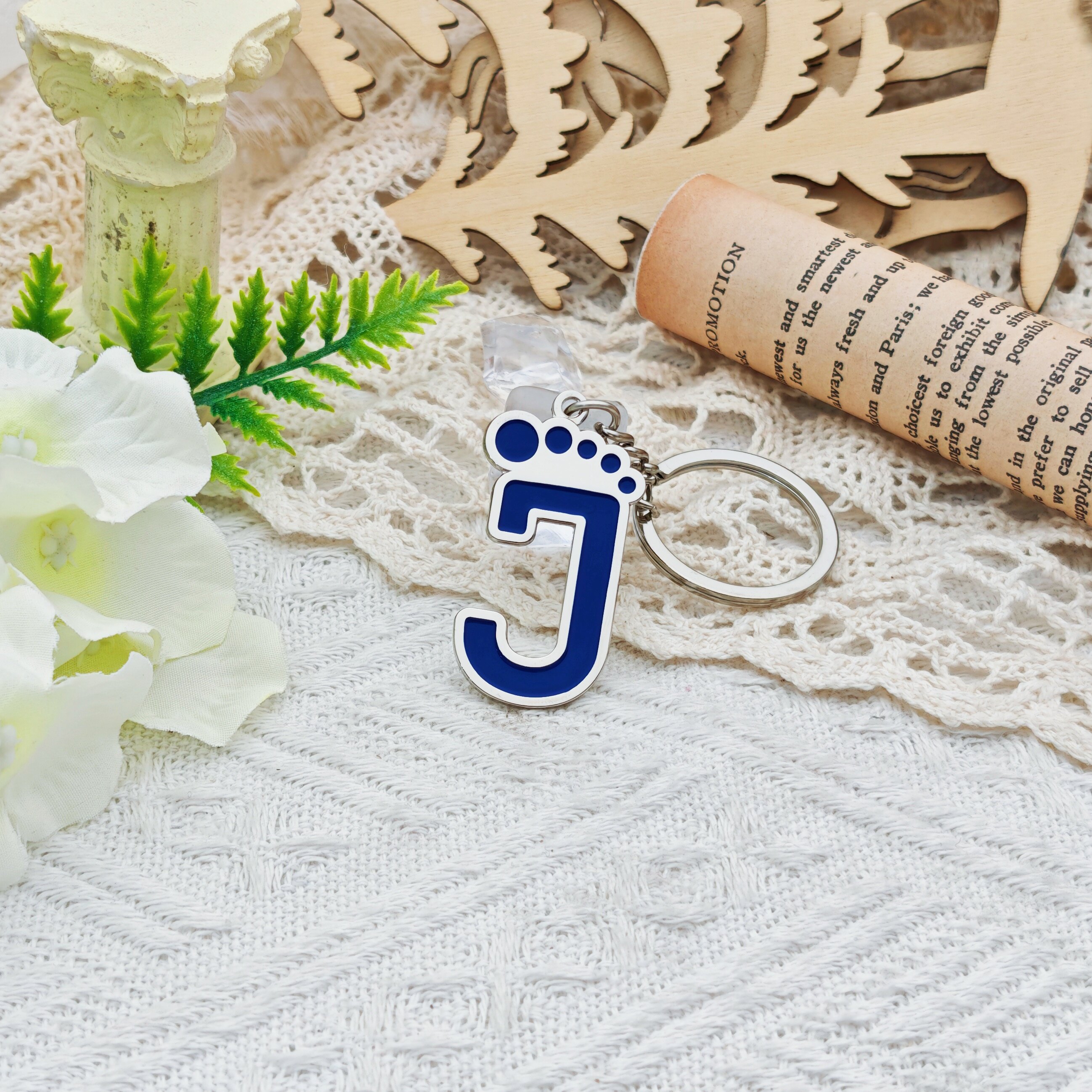 J Footprint Letter Silver Plated Chrome Keychain