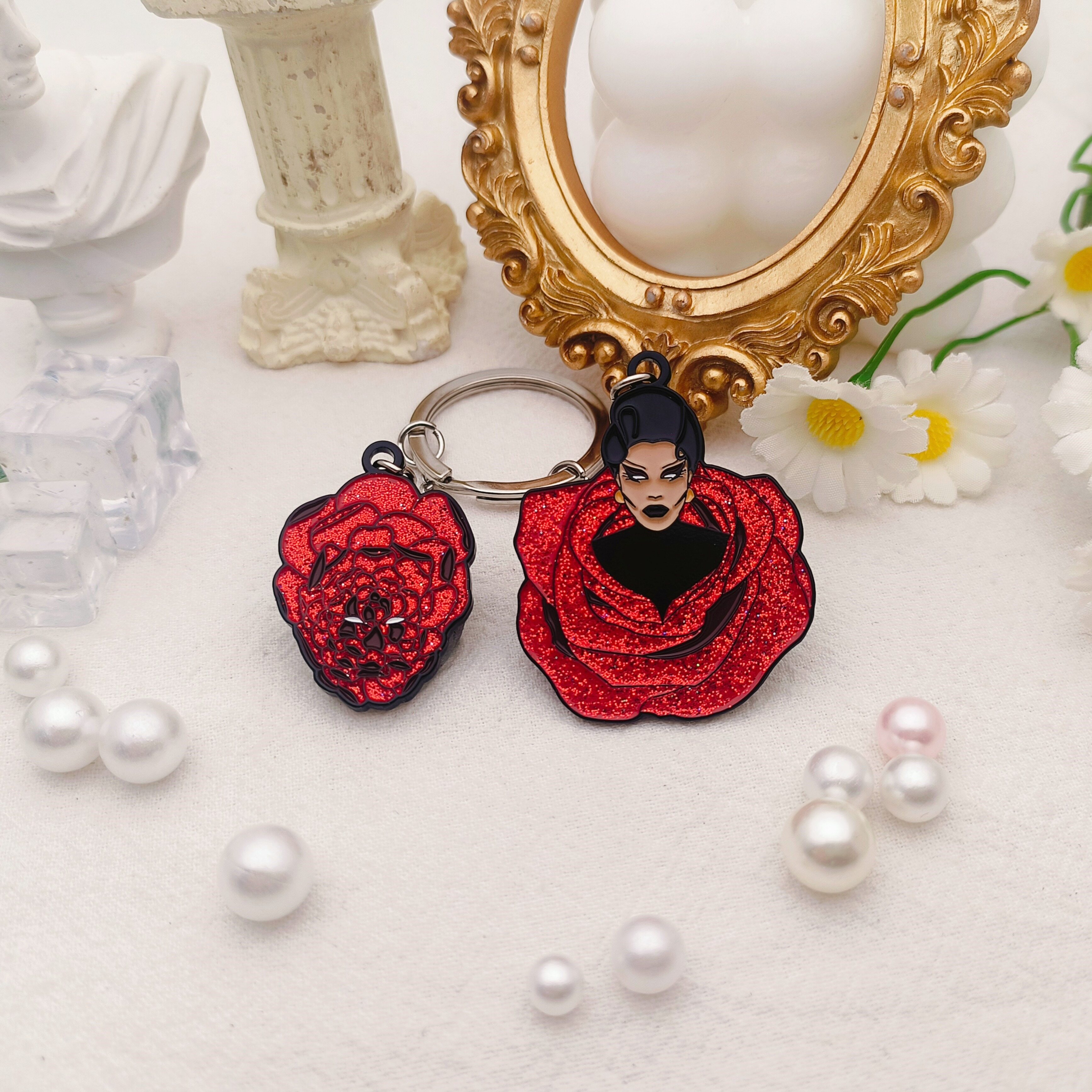 Rose Red Glitter Resin Keychain