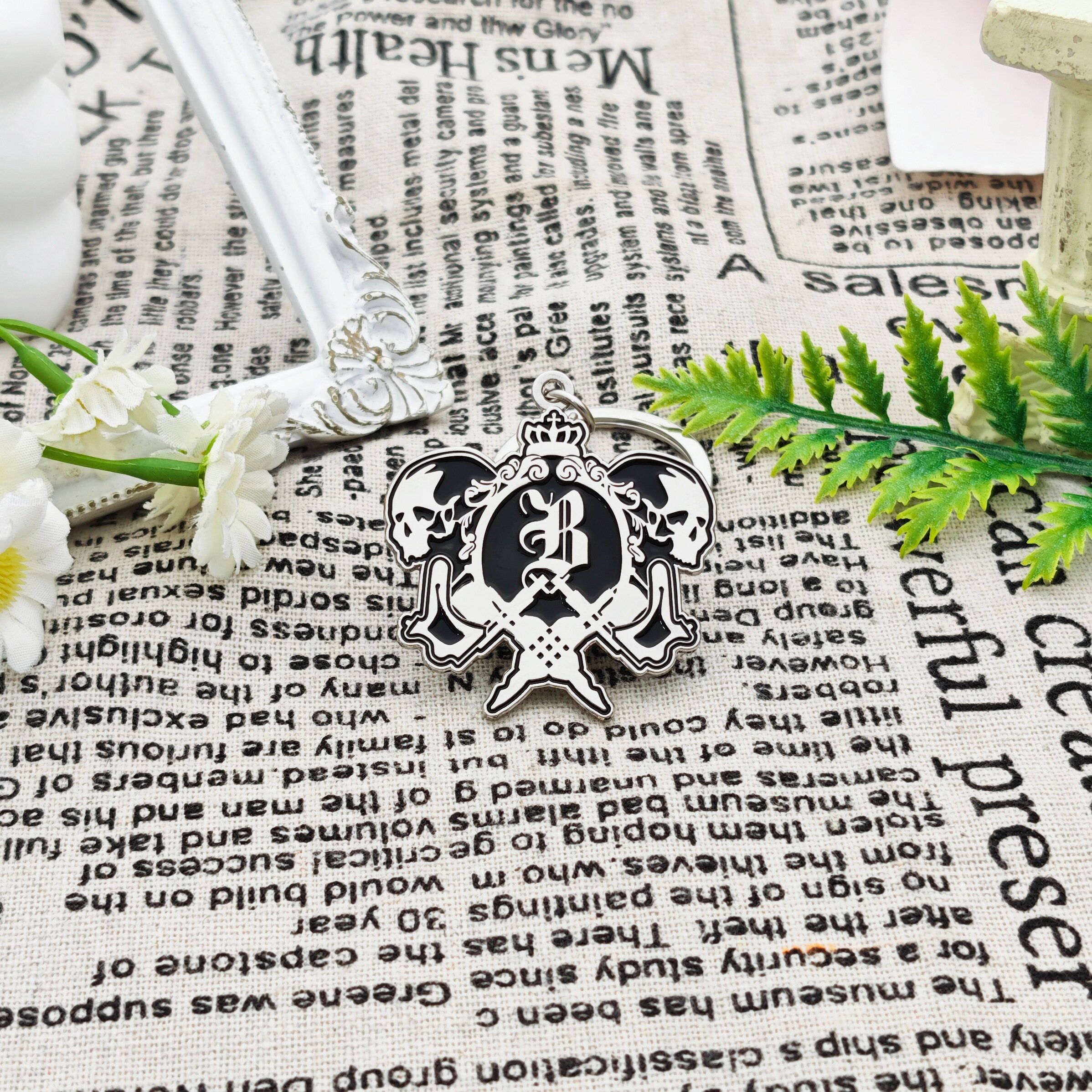Vintage Crown Skull Syringe Asymmetrical Enamel Keychain