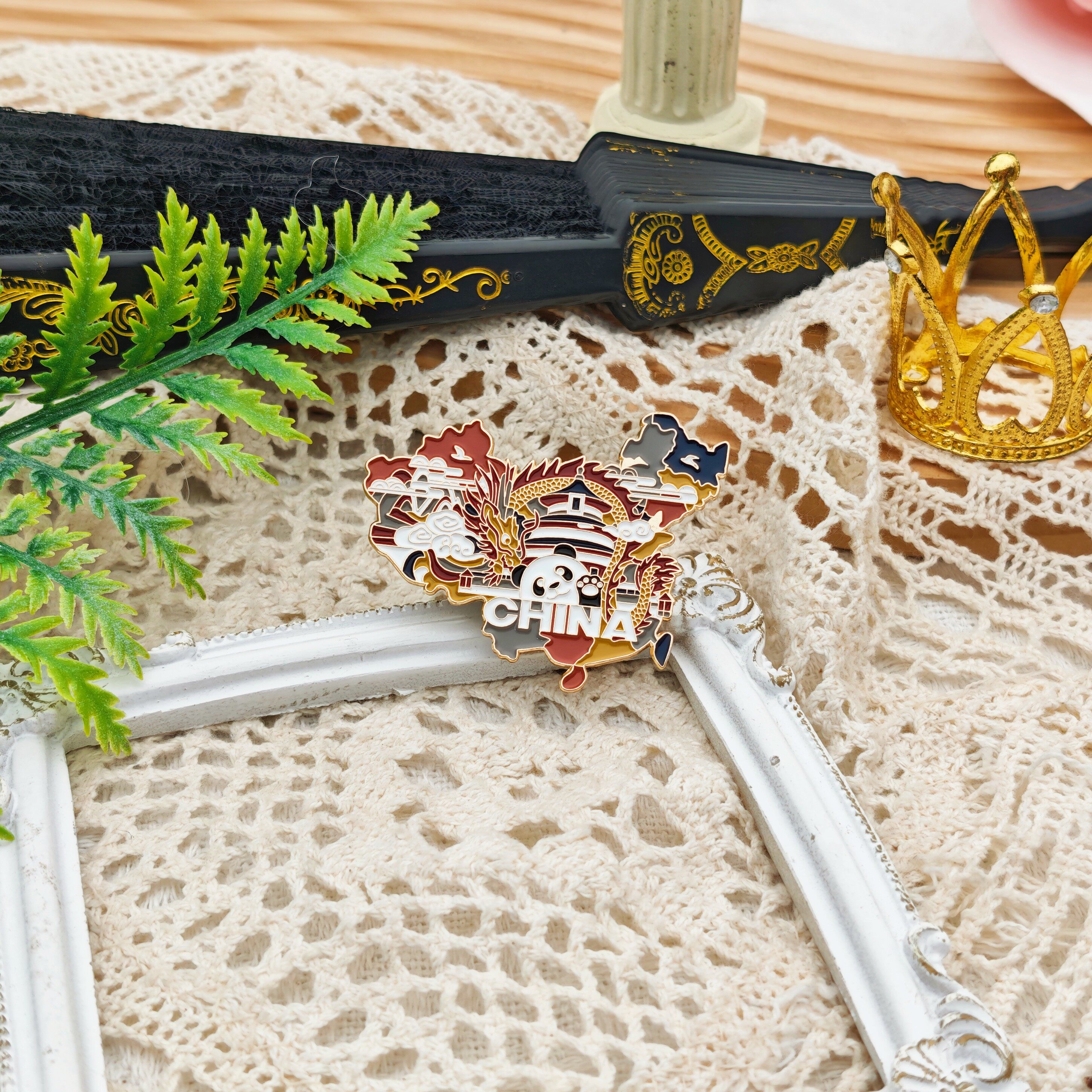 Custom-Shaped China Map, Panda & Dragon in Traditional Chinese Style with Gold-Plated Enamel Badge