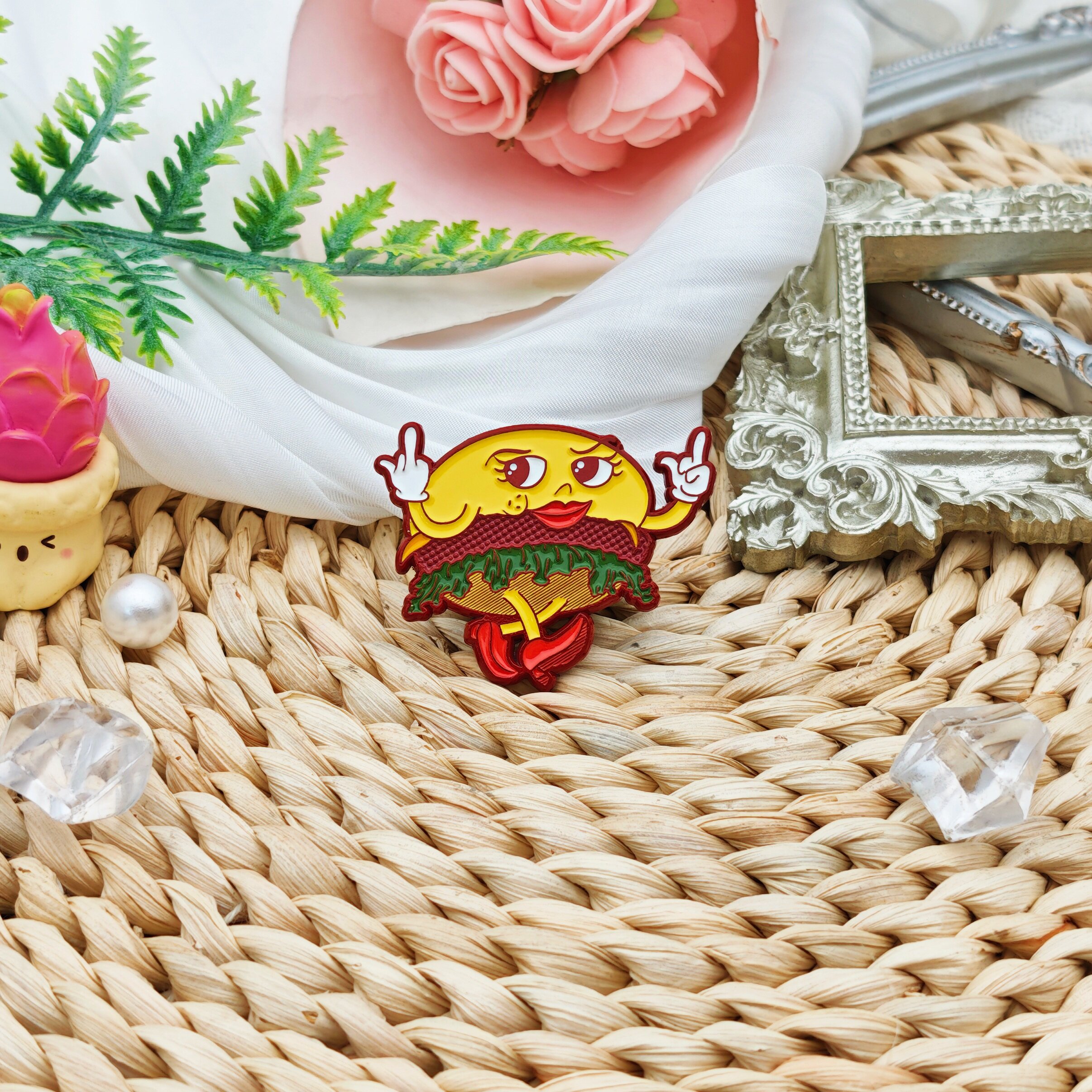 Anthropomorphic Hamburger with Red Metal Laser-Cut Enamel Irregular Food Service Badge