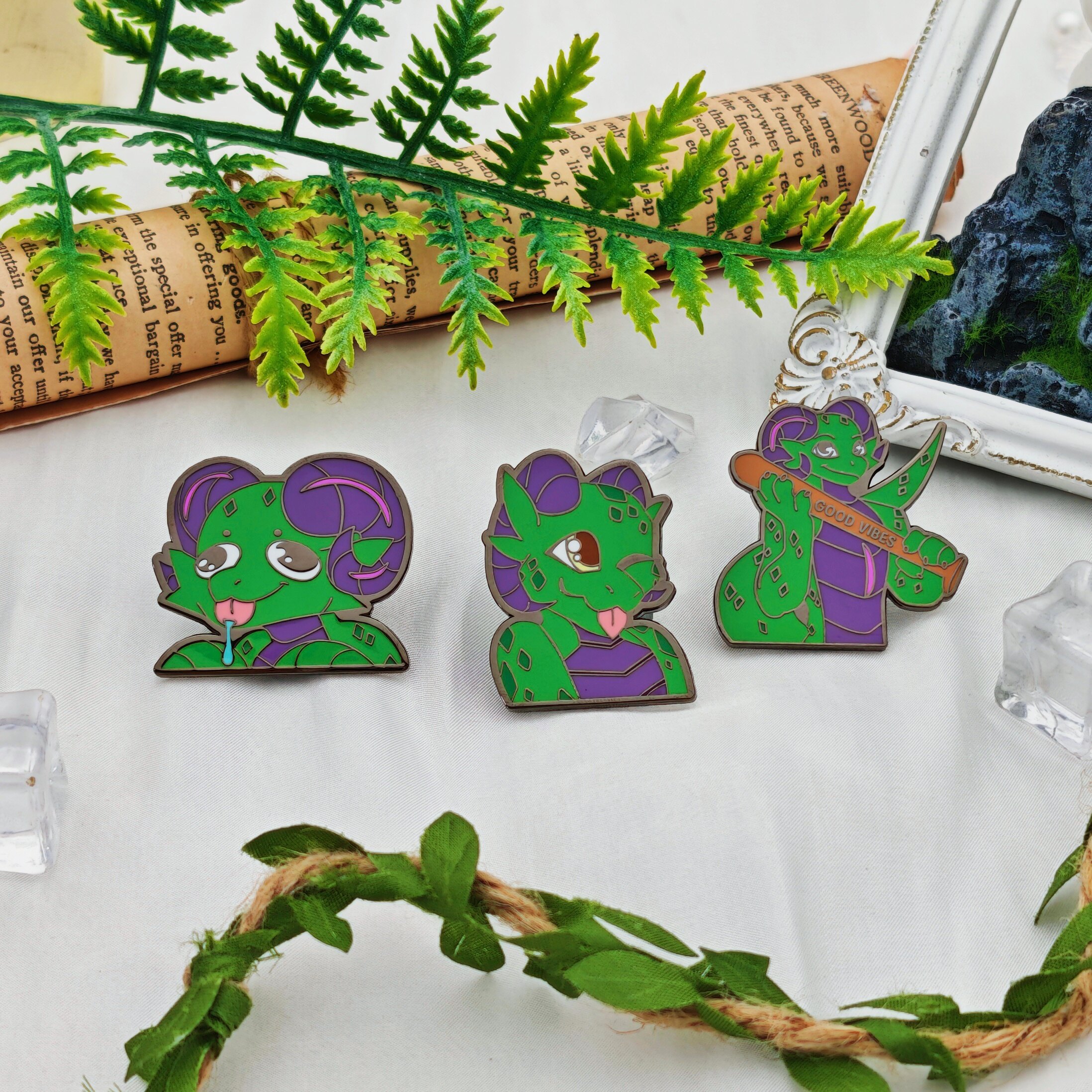 Set of Green and Purple Dragon Cartoon Black Nickel Enamel-Style Irregular Pins