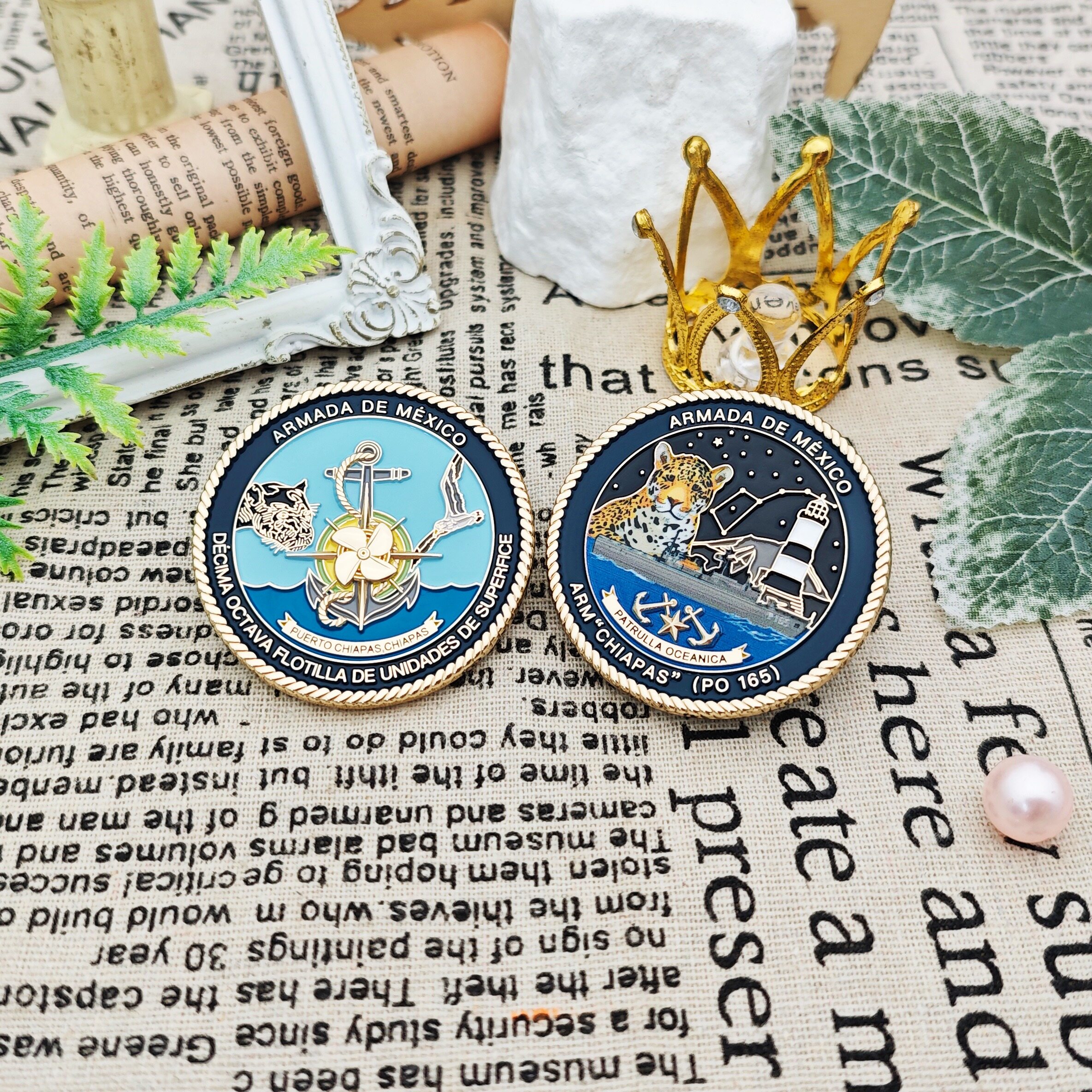 Mexican Navy Double-Relief Gold-Tone Enamel Commemorative Coin
