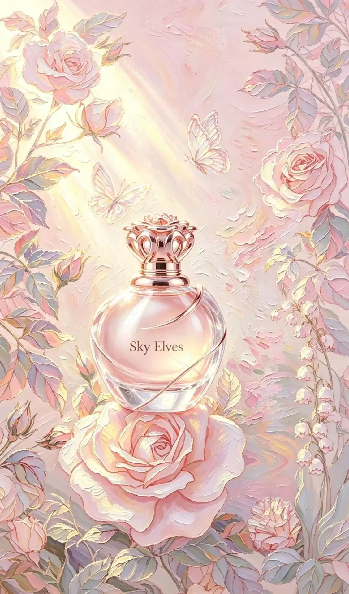 Sky Elves perfume bottle among painted roses and butterflies