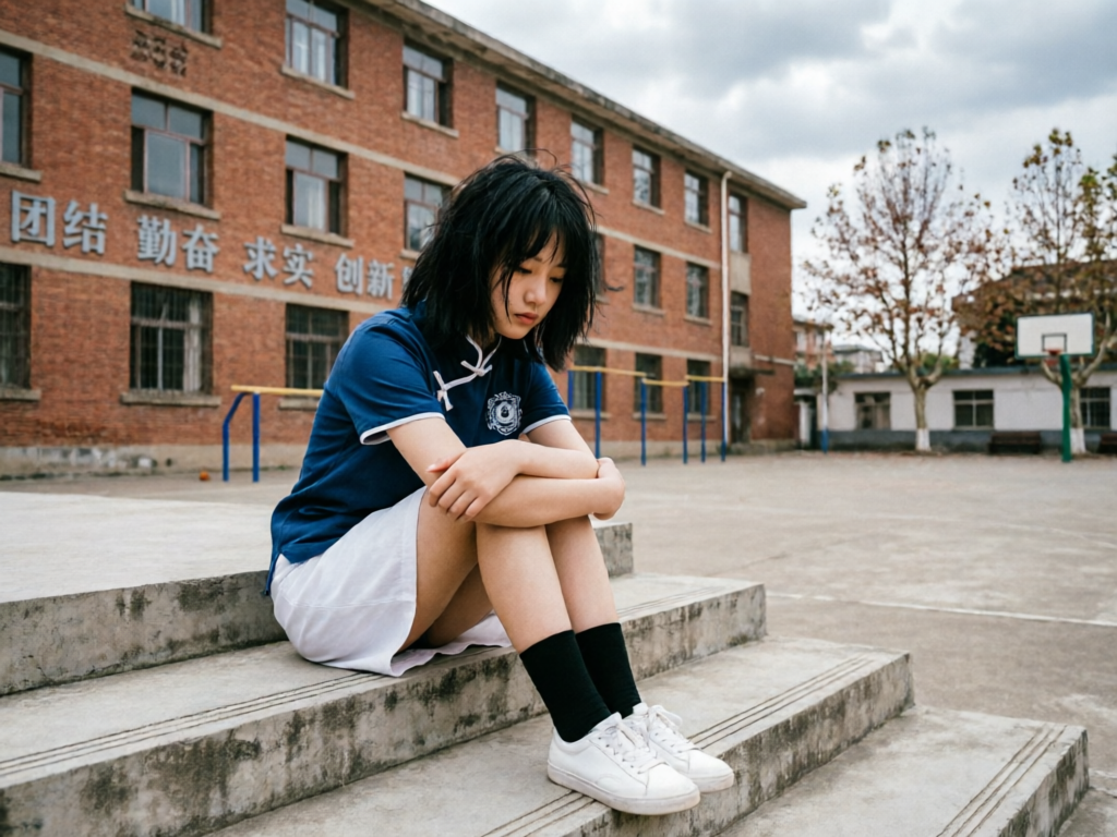 穿蓝白校服的中国女孩坐在教学楼楼梯台阶上抱膝
