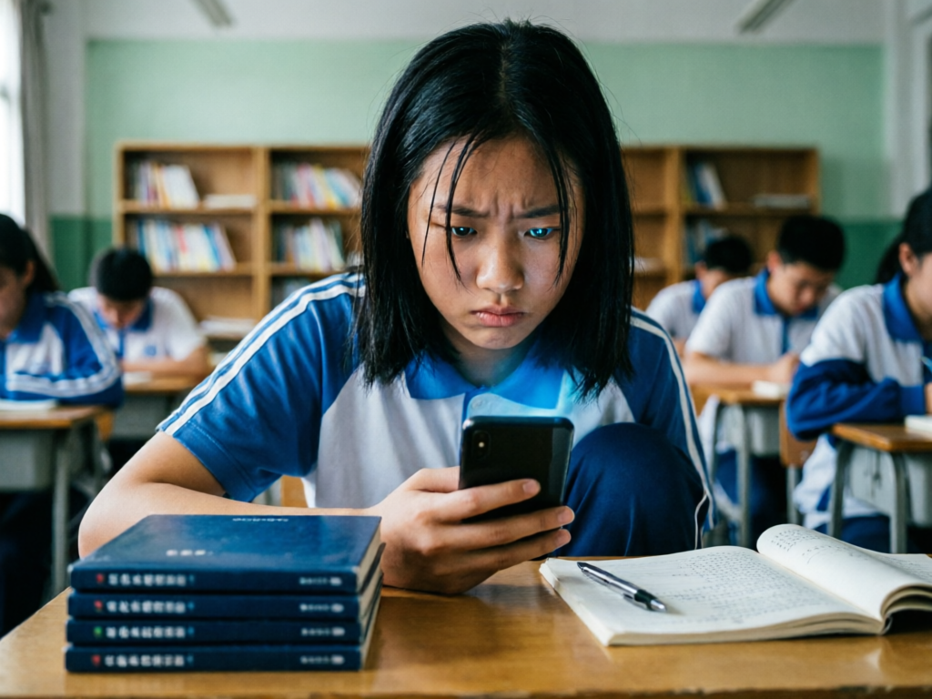 俯拍中国孩子在课桌前看手机屏幕显示恶意消息