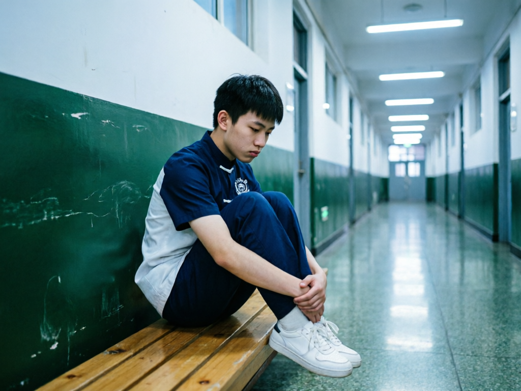 穿蓝白校服的中国男孩独自坐在学校走廊长椅上低头蜷缩