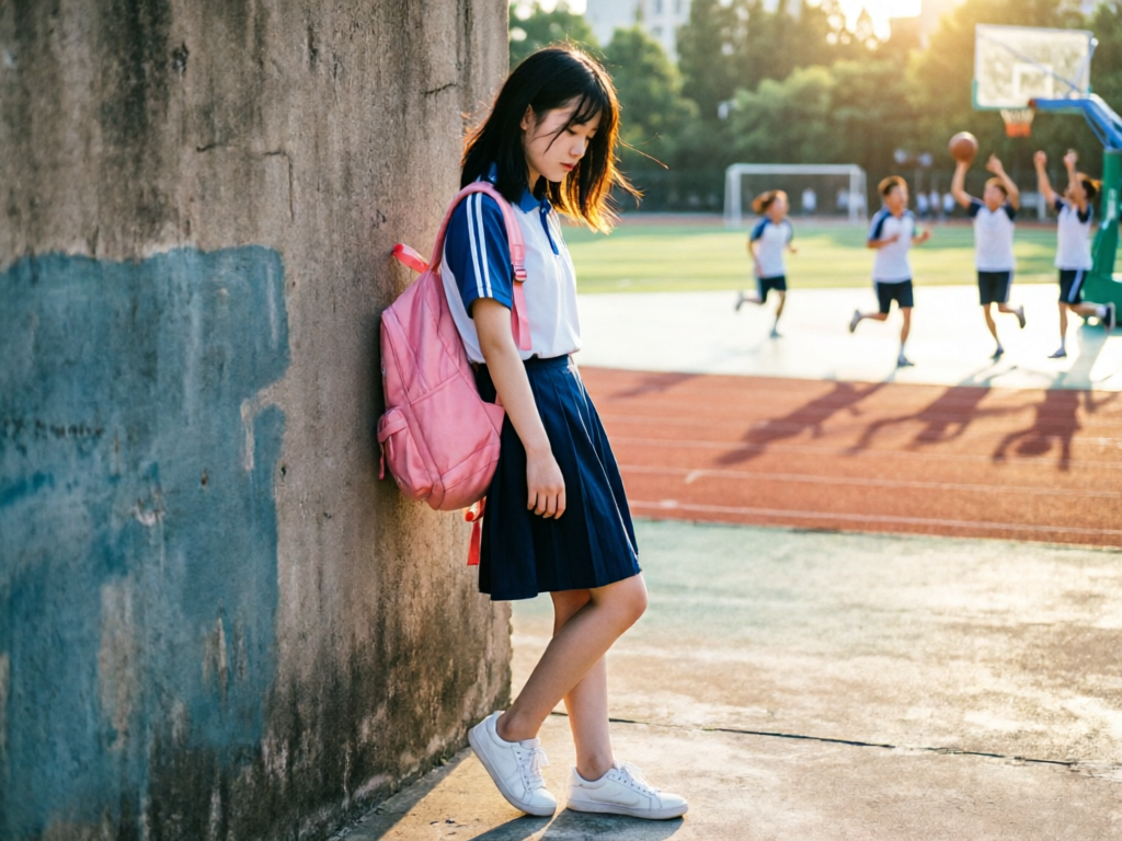 背粉色书包的中国女孩独自靠在操场墙边