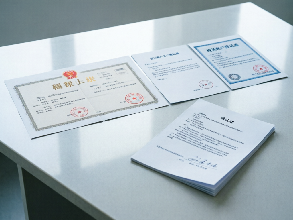 营业执照与公章、银行开户确认函、税务登记证整齐排列