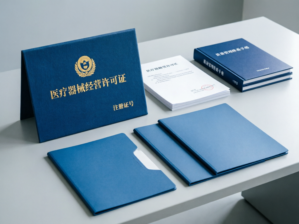 医疗器械经营许可证与备案凭证，合规文件与蓝色文件夹