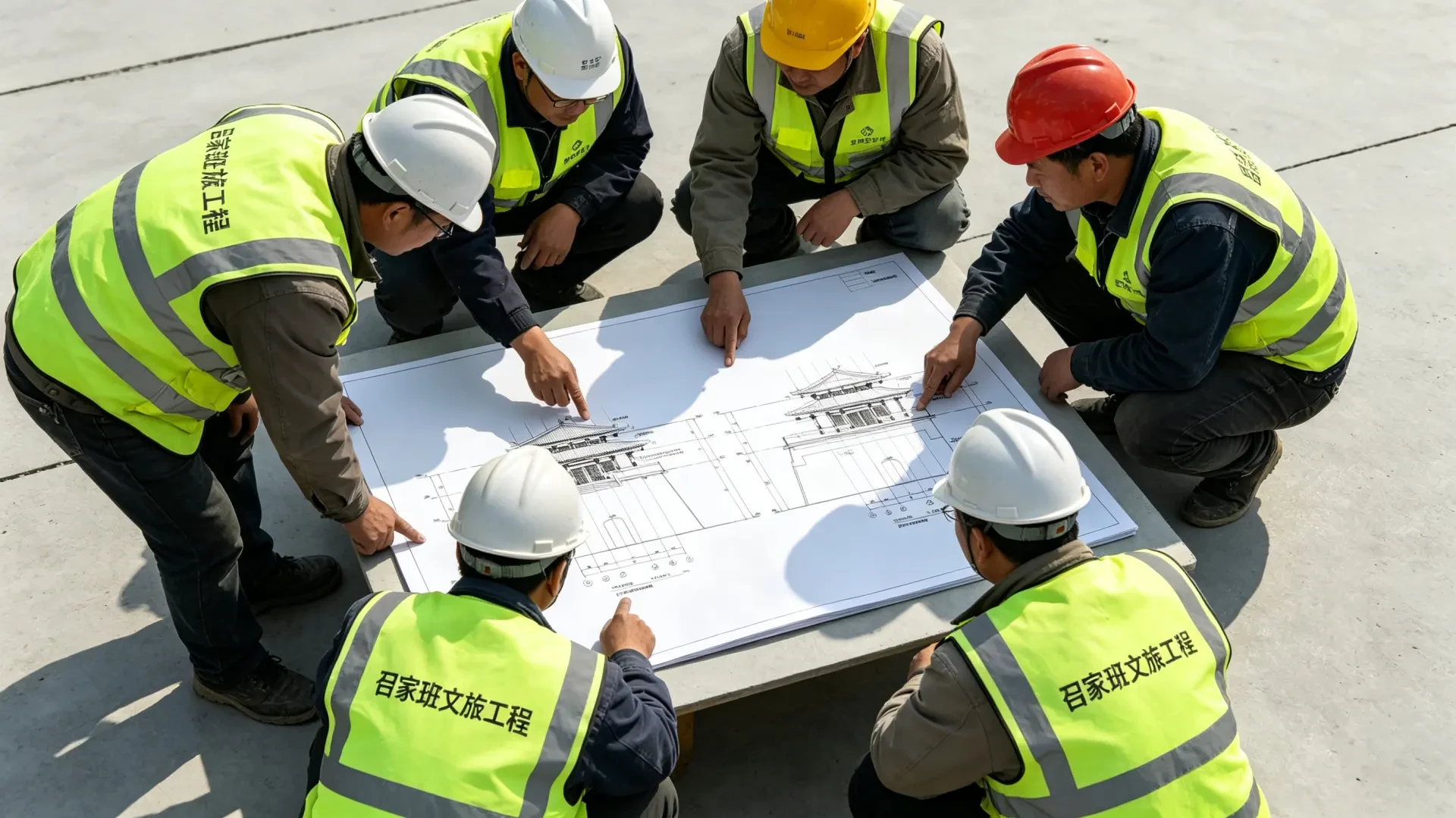 工程团队在现场核对钢结构图纸 / Engineering team reviewing steel structure drawings on site