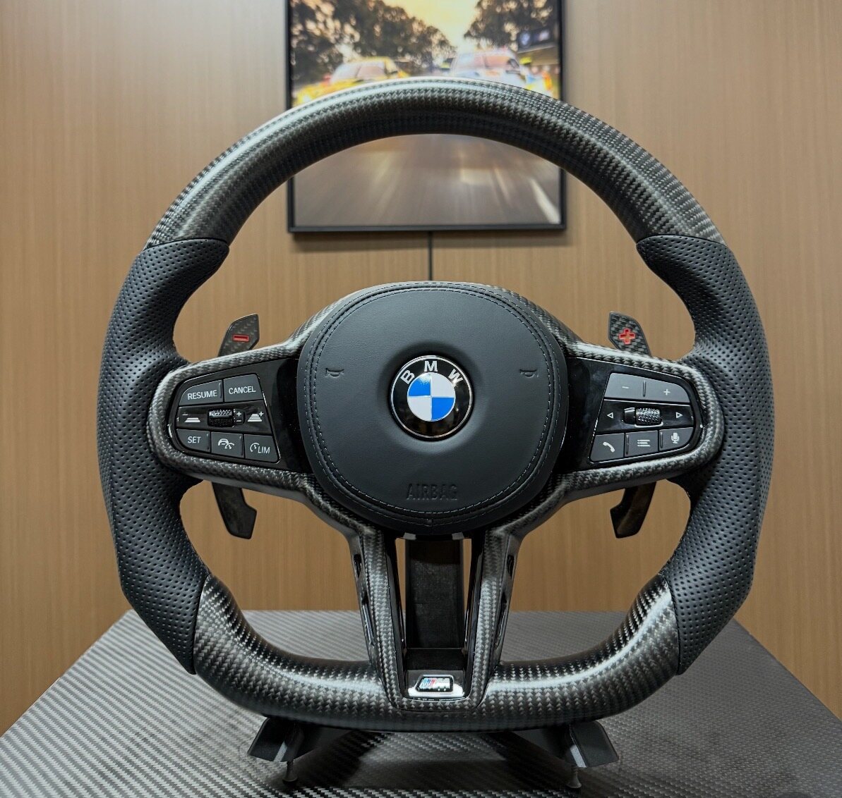 BMW G20 custom steering wheel with woven carbon fiber finish