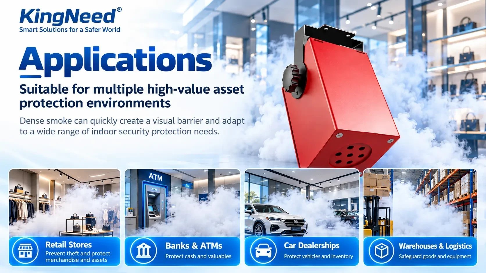 KingNeed applications sheet showing fog-filled retail, ATM, car dealership and warehouse scenes