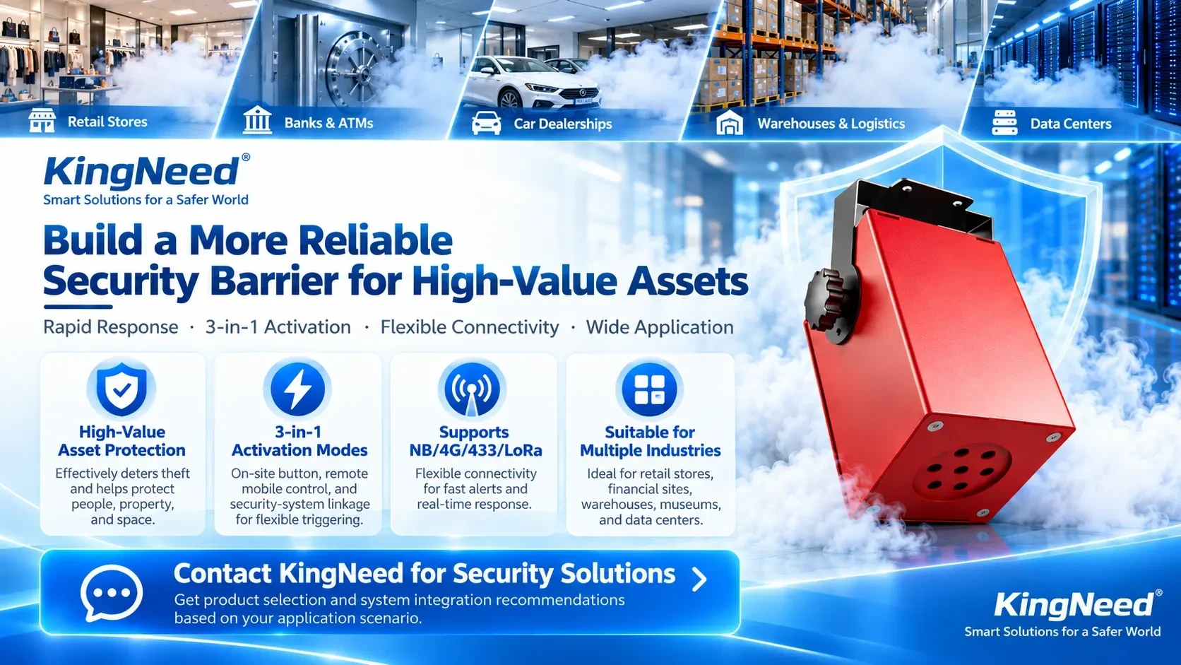 Cover of the KingNeed product brochure showing a security fog generator beside a fog-filled retail interior