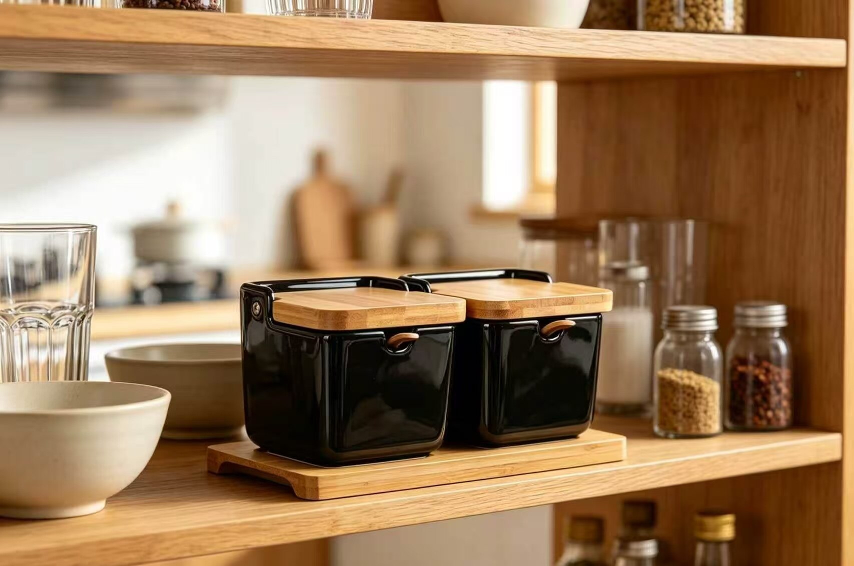 Matte Black Square Can Wood Spice Rack 2