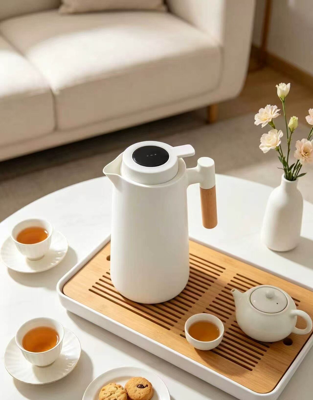 White & Warm Wood Push-Down Thermos 3