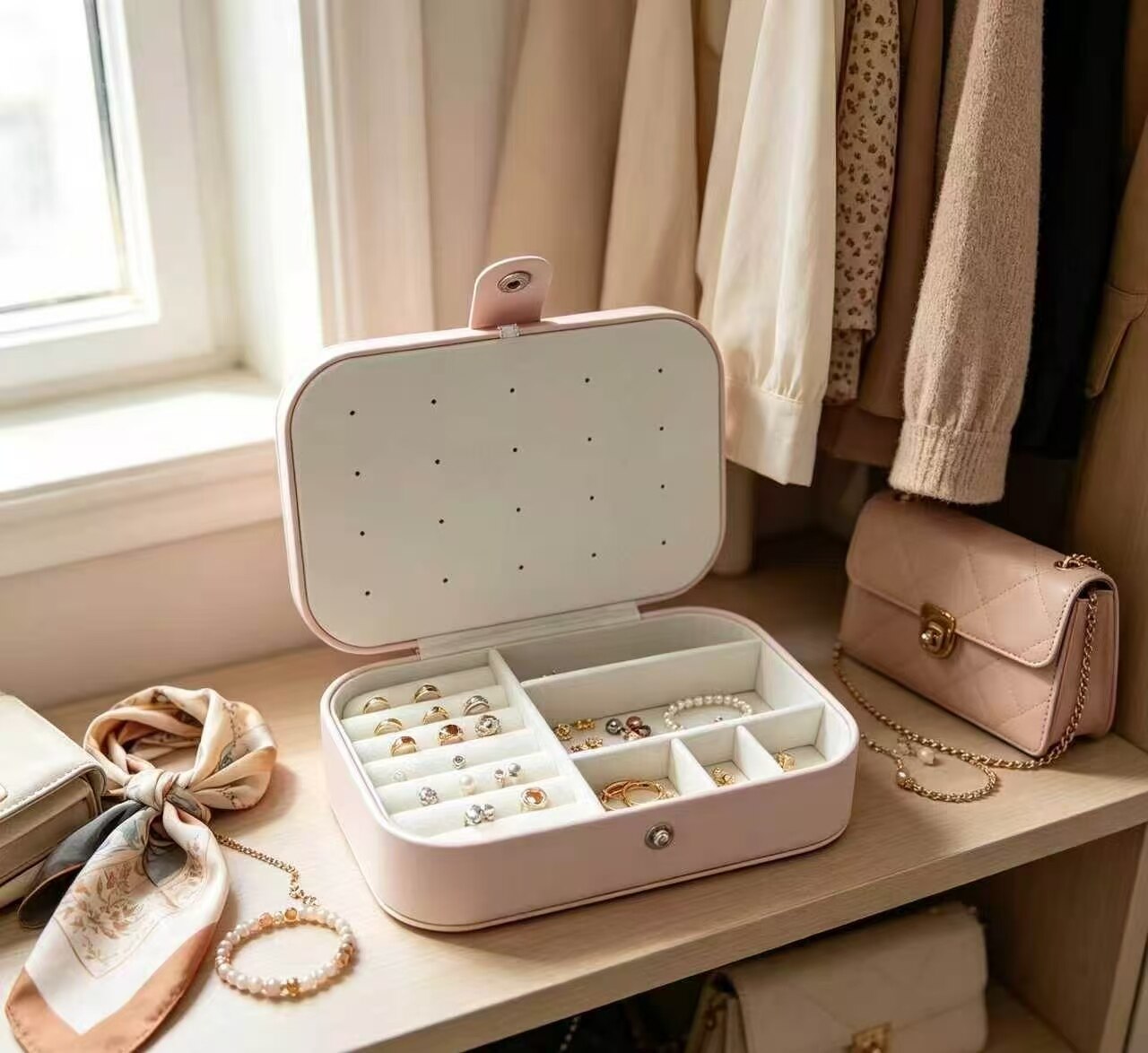 Soft Pink Double-Layer Jewelry Box 5
