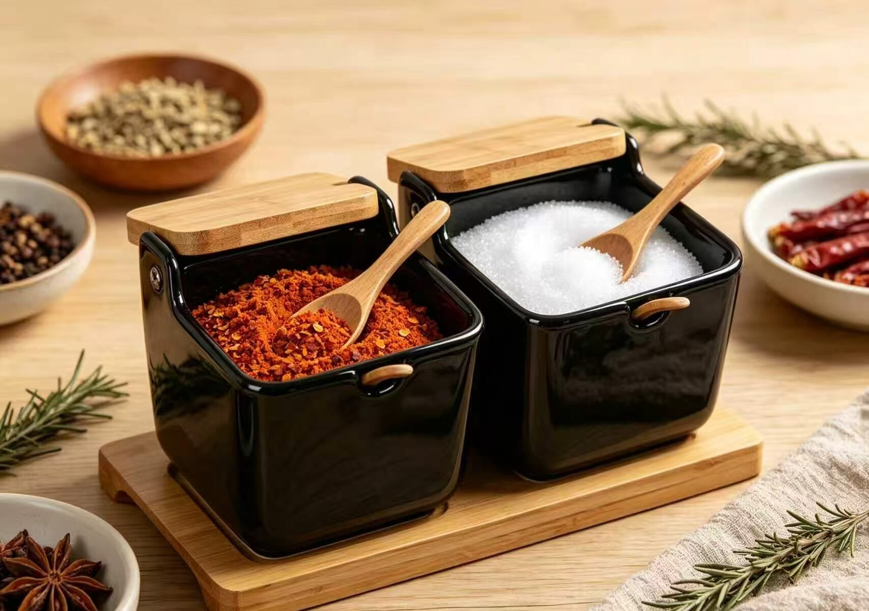 Matte Black Square Can Wood Spice Rack 4