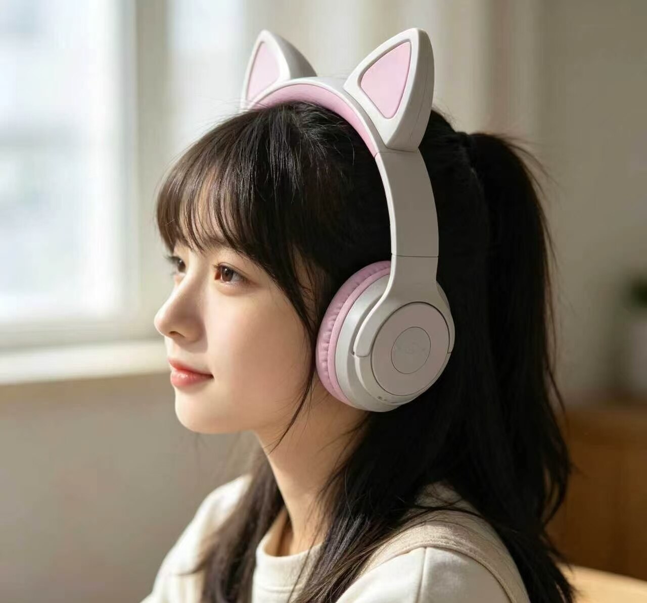 Sweet Gray Pink Cat Ear Headphones 3