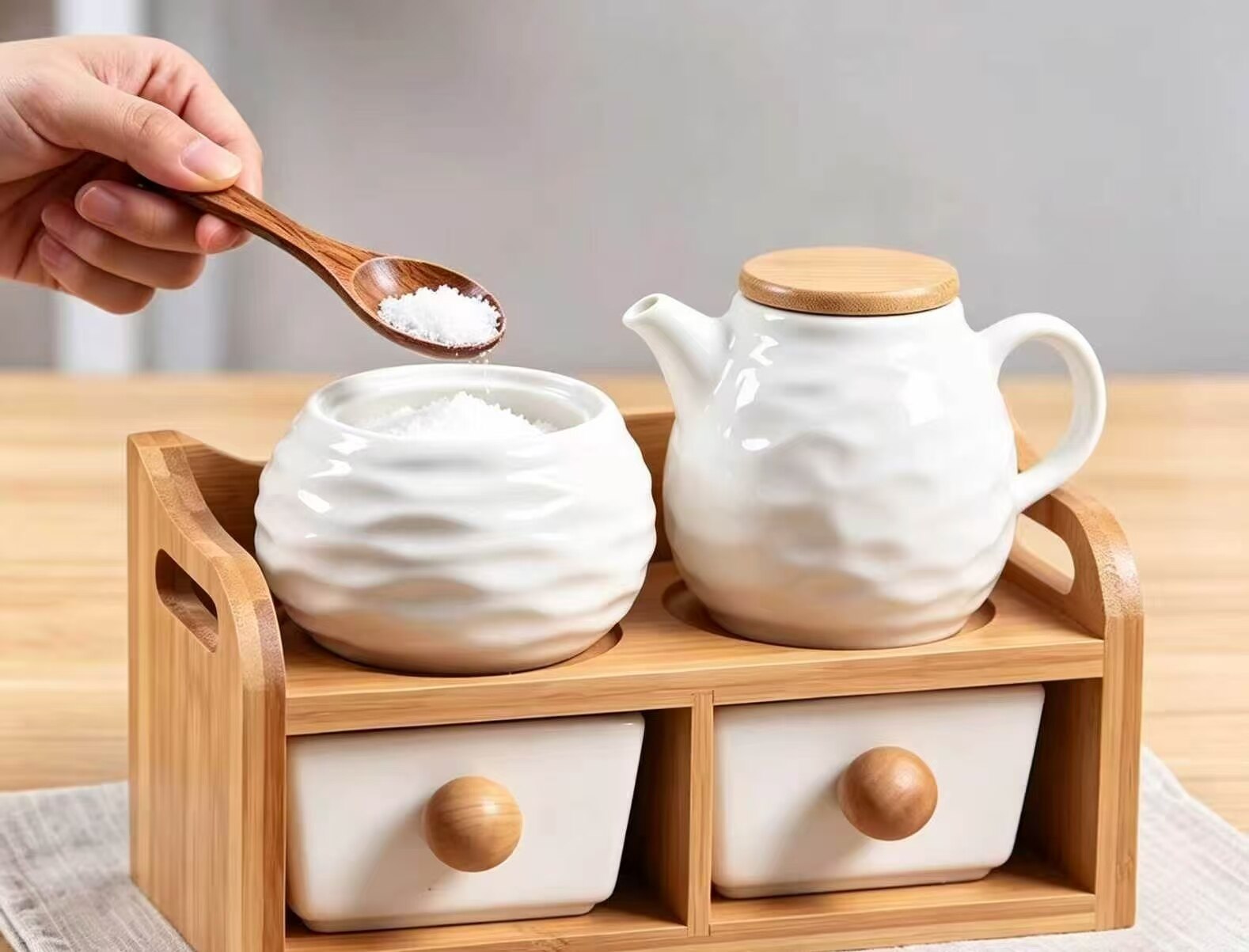 White Ceramic & Wood Grain Double-Layer Spice Rack 3