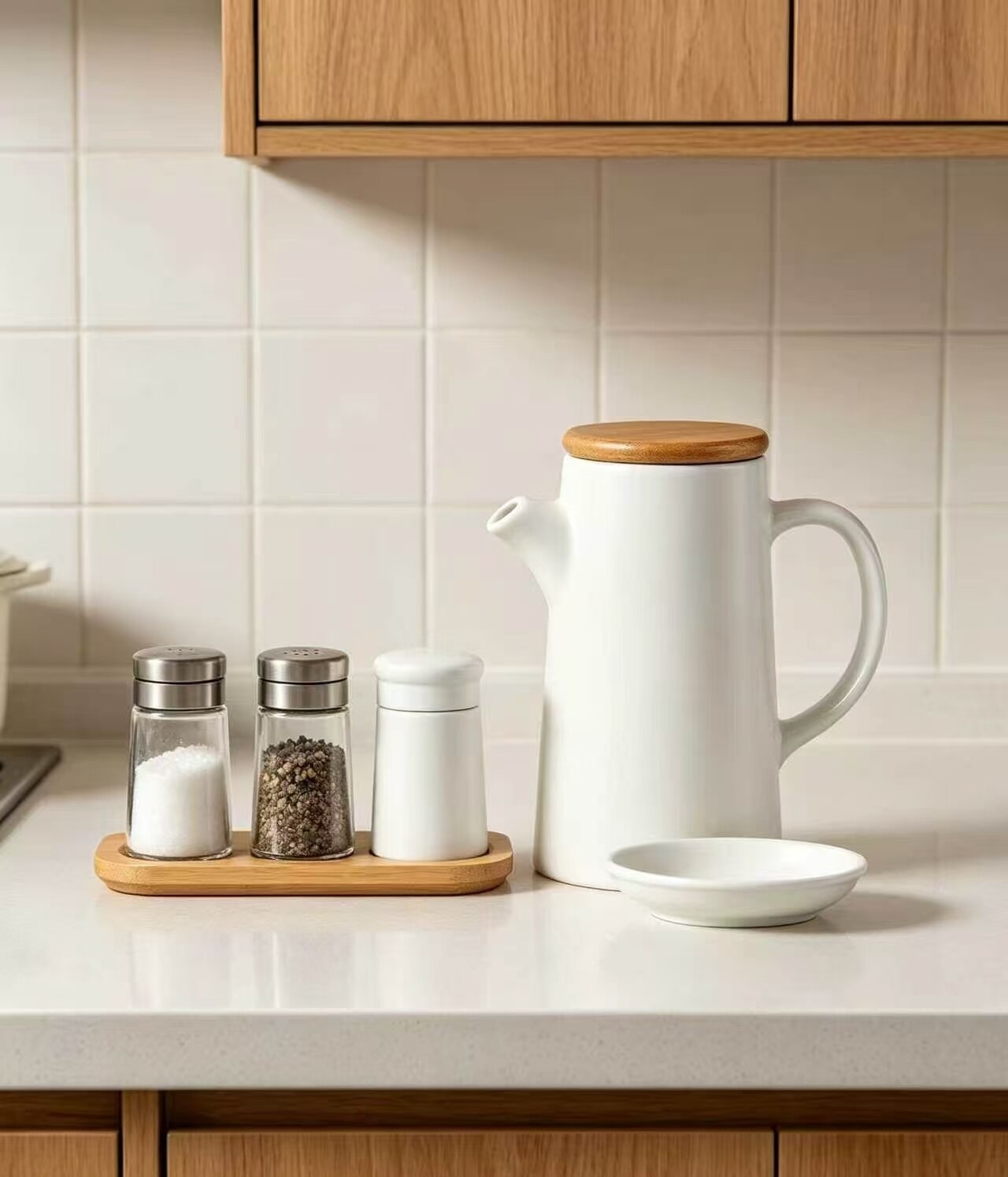 Elegant White Ceramic Oil Dispenser with Spout 4