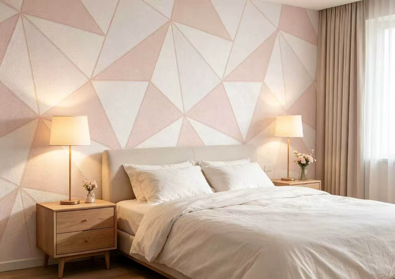 Macaron Pink & White Geometric Triangle Wallpaper 2