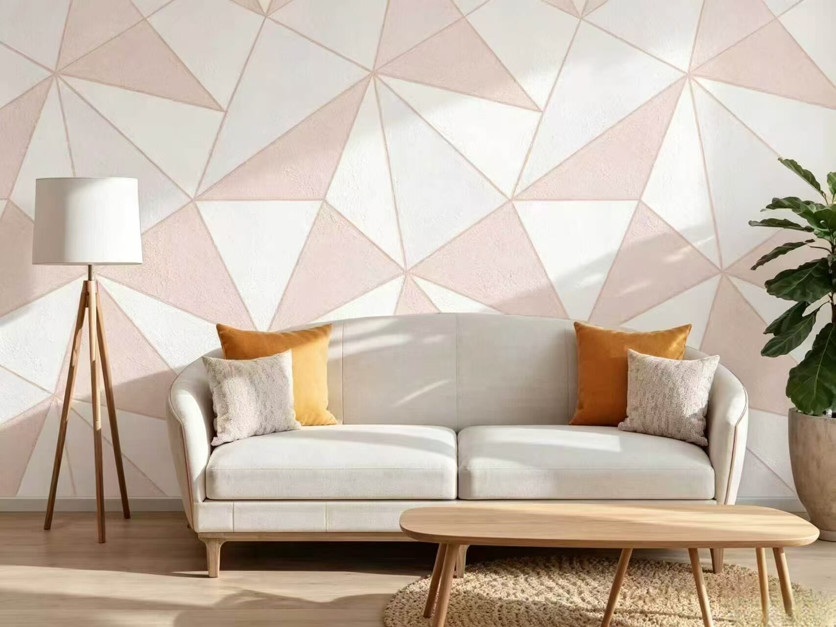 Macaron Pink & White Geometric Triangle Wallpaper 3