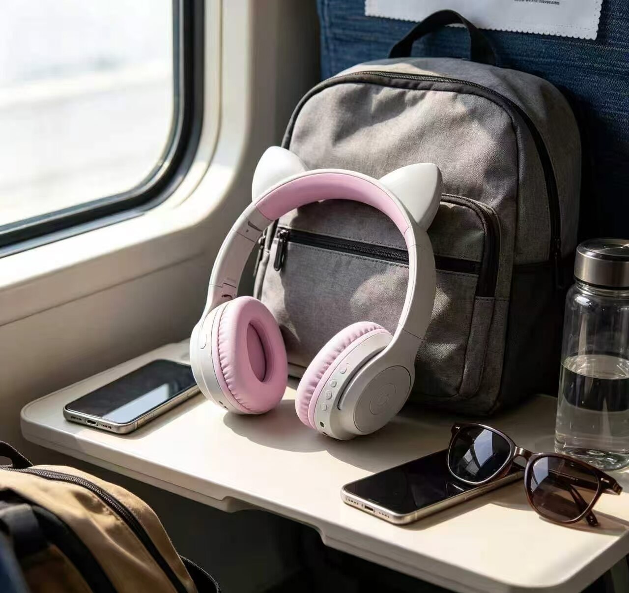 Light Sweet Gray-Pink Cat Ear Headphones 4