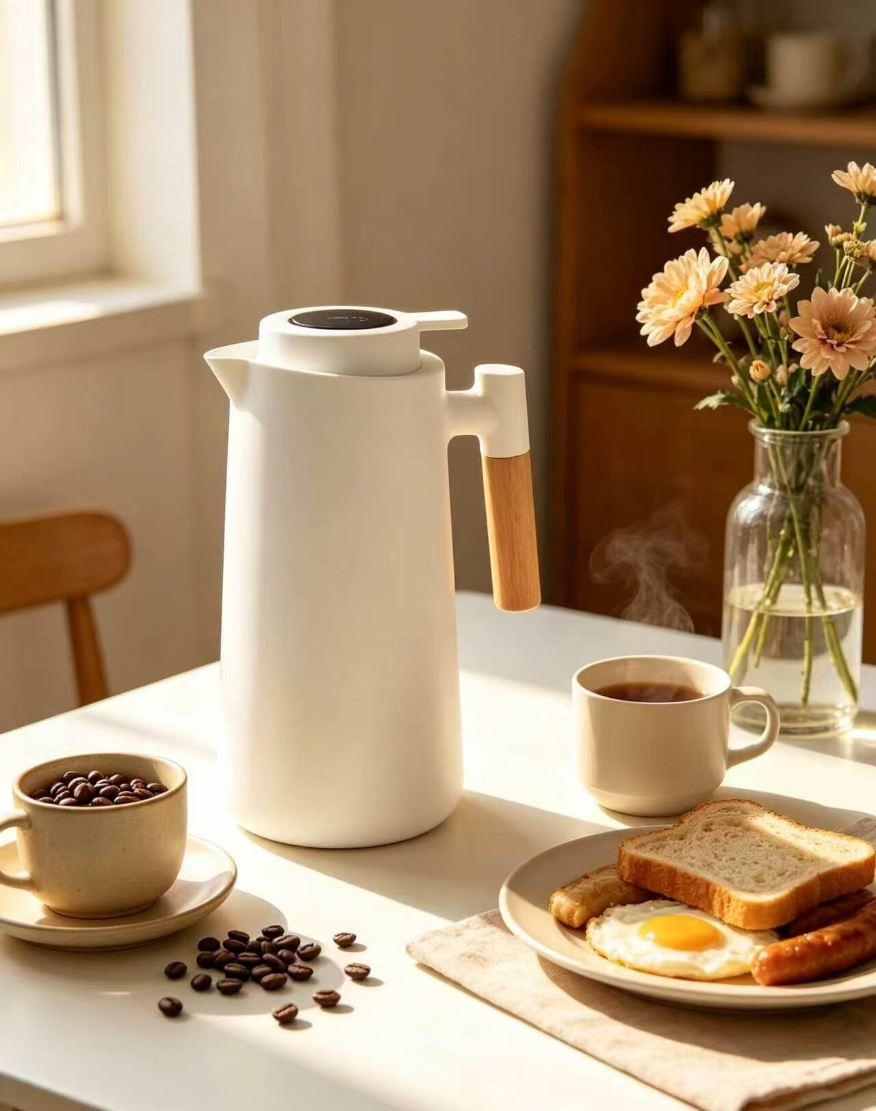 Cream White & Warm Wood Press-Action Thermos 2