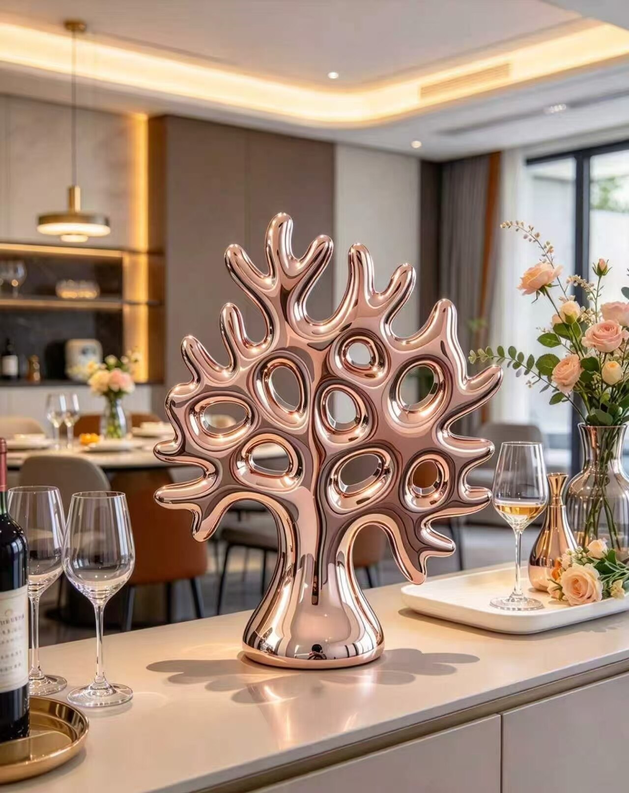 Rose Gold Ornament with Flowing Light and Tree Shadows 2