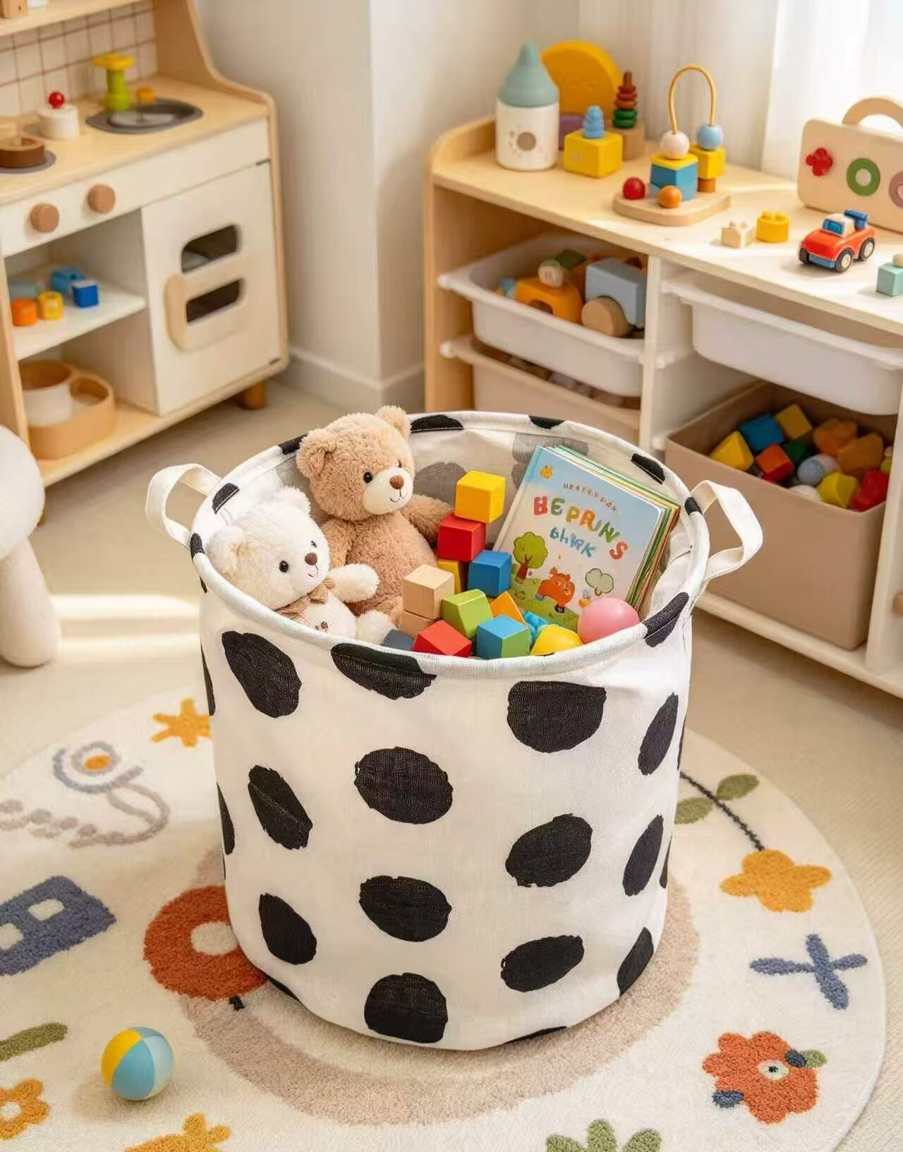 Black and White Polka Dot Cotton Linen Storage Bin 4