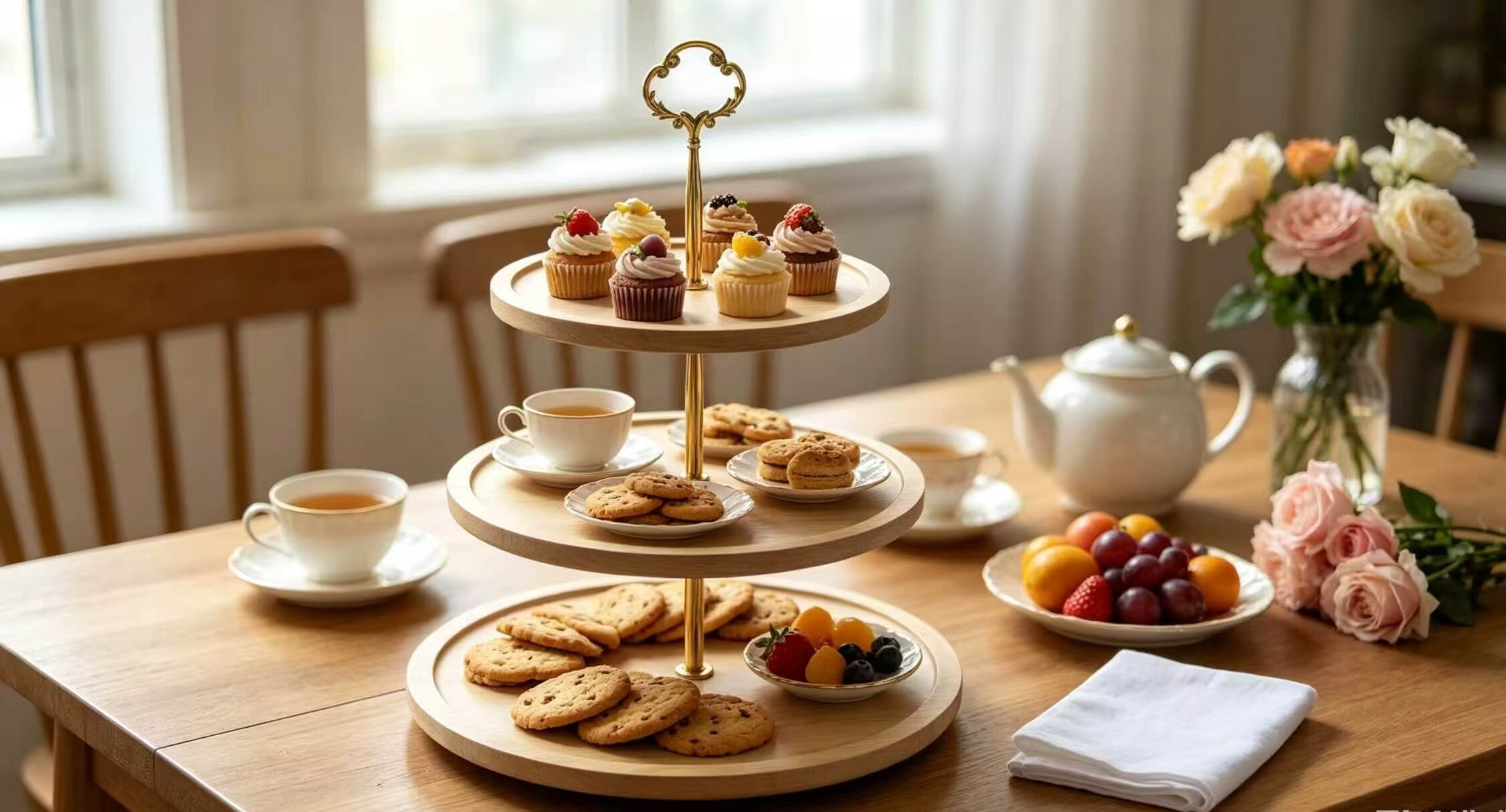 Gold-Handle Wood Afternoon Tea Stand 2