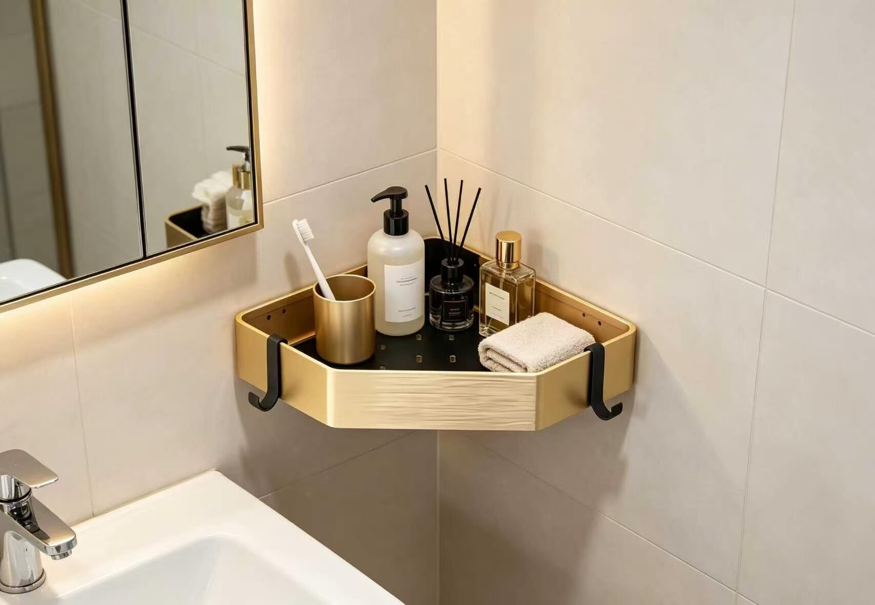 Black Gold Diamond Double-Layer Wall-Mounted Corner Shelf 2