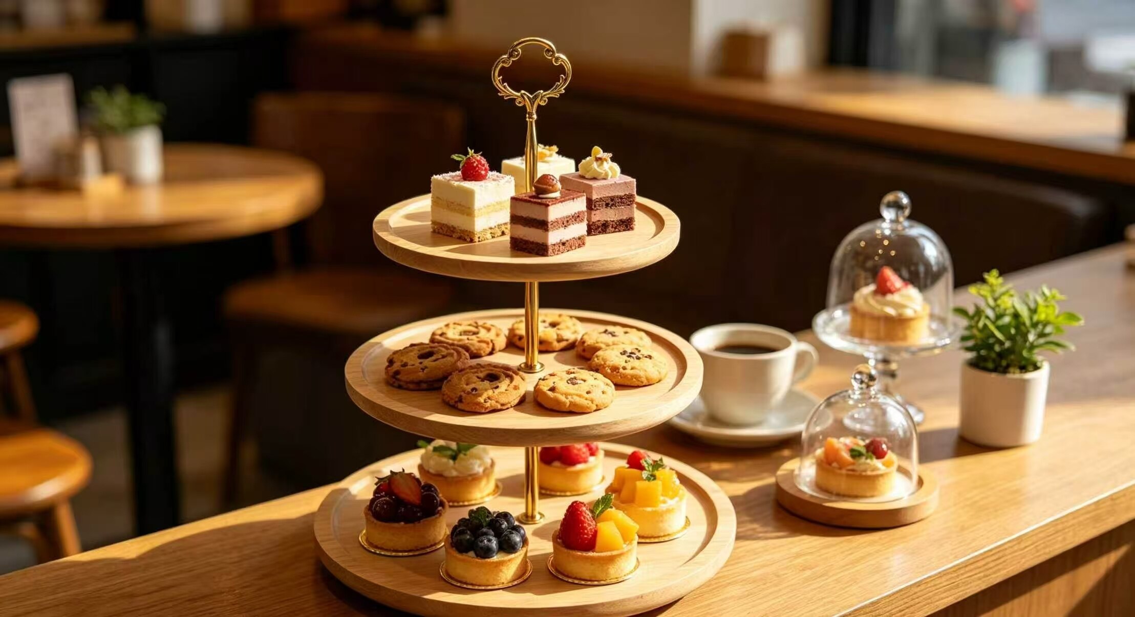 Gold-Handled Wooden Afternoon Tea Stand 3