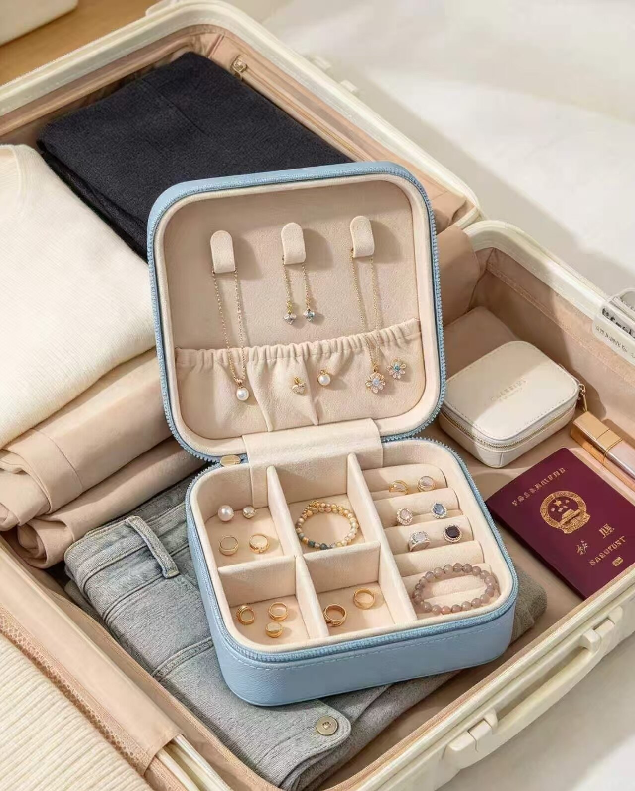 Sea Salt Blue Qiao Na Portable Jewelry Case 3