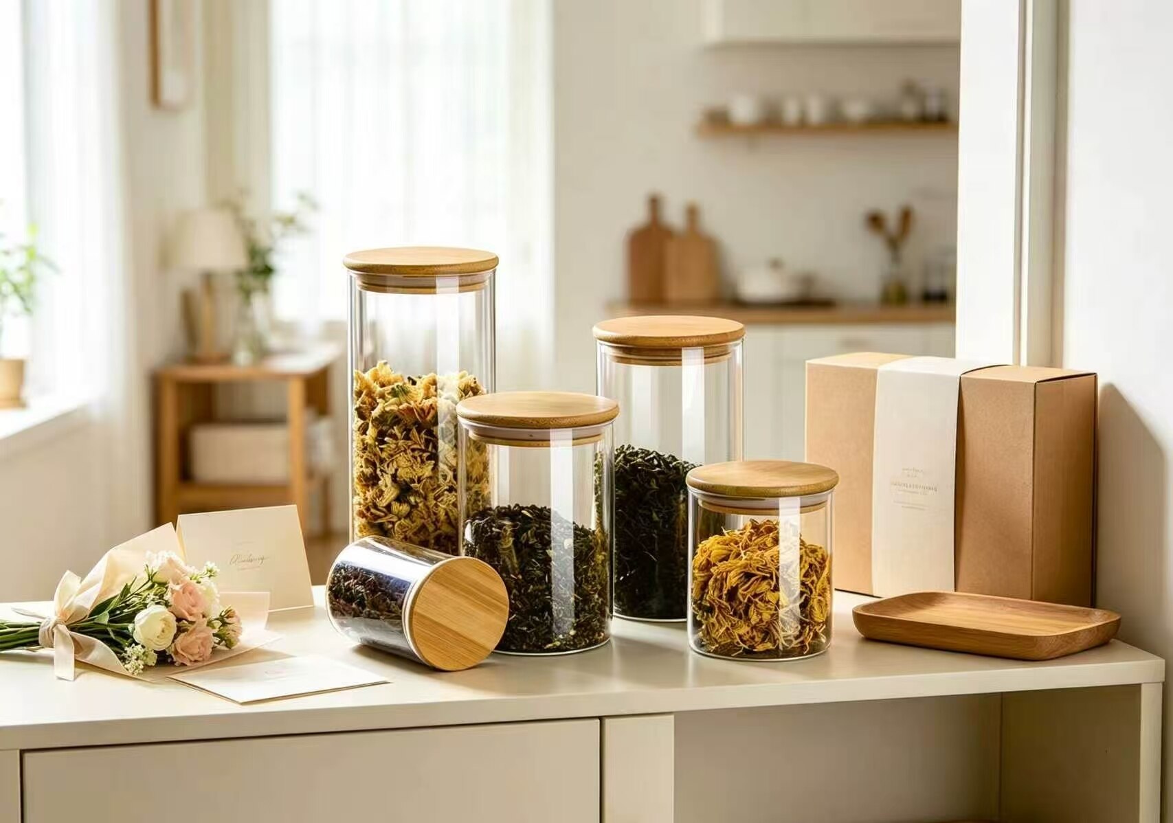 Serene Natural Wood 5-Piece Storage Jar Set 2