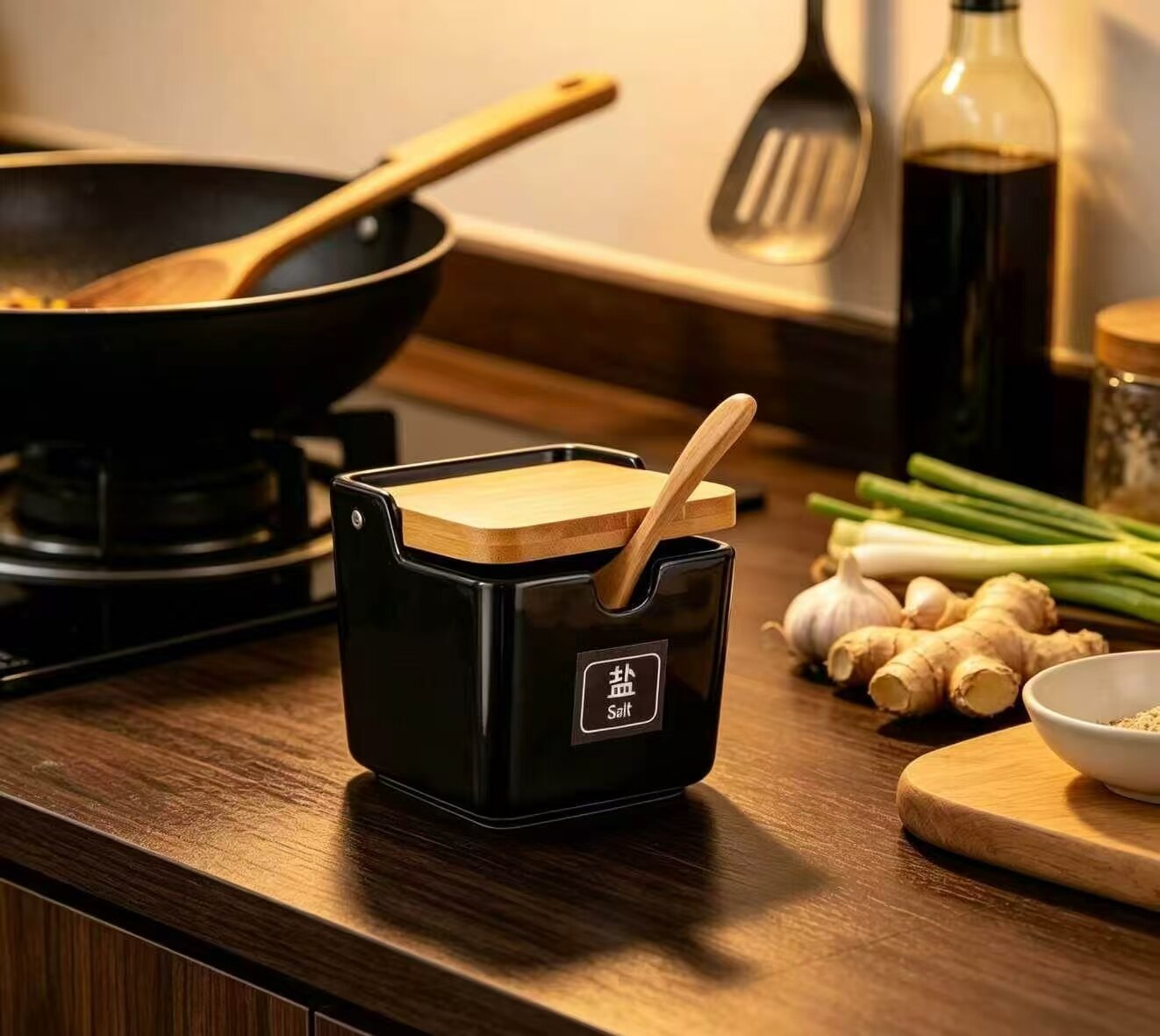 Black Glazed Square Ceramic Salt Jar 3